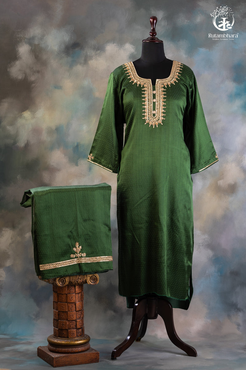 Bright Green Dana Mashroo Silk Suit with Zari Zardozi Hand Embroidery-RUTAMBHARA -RUTAMBHARA