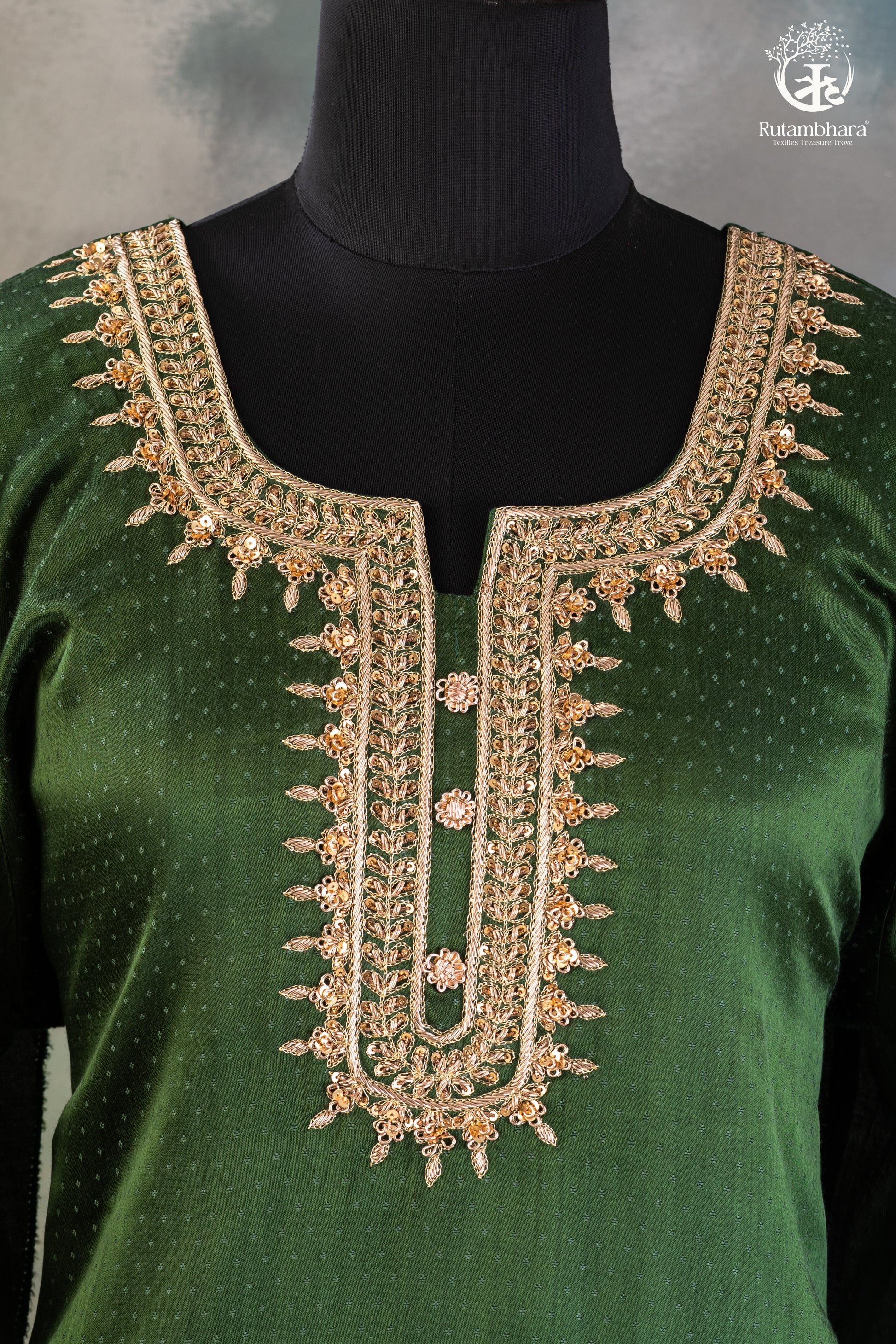 Bright Green Dana Mashroo Silk Suit with Zari Zardozi Hand Embroidery-RUTAMBHARA -RUTAMBHARA