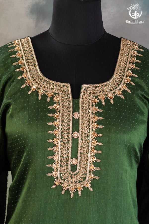 Bright Green Dana Mashroo Silk Suit with Zari Zardozi Hand Embroidery-RUTAMBHARA -RUTAMBHARA