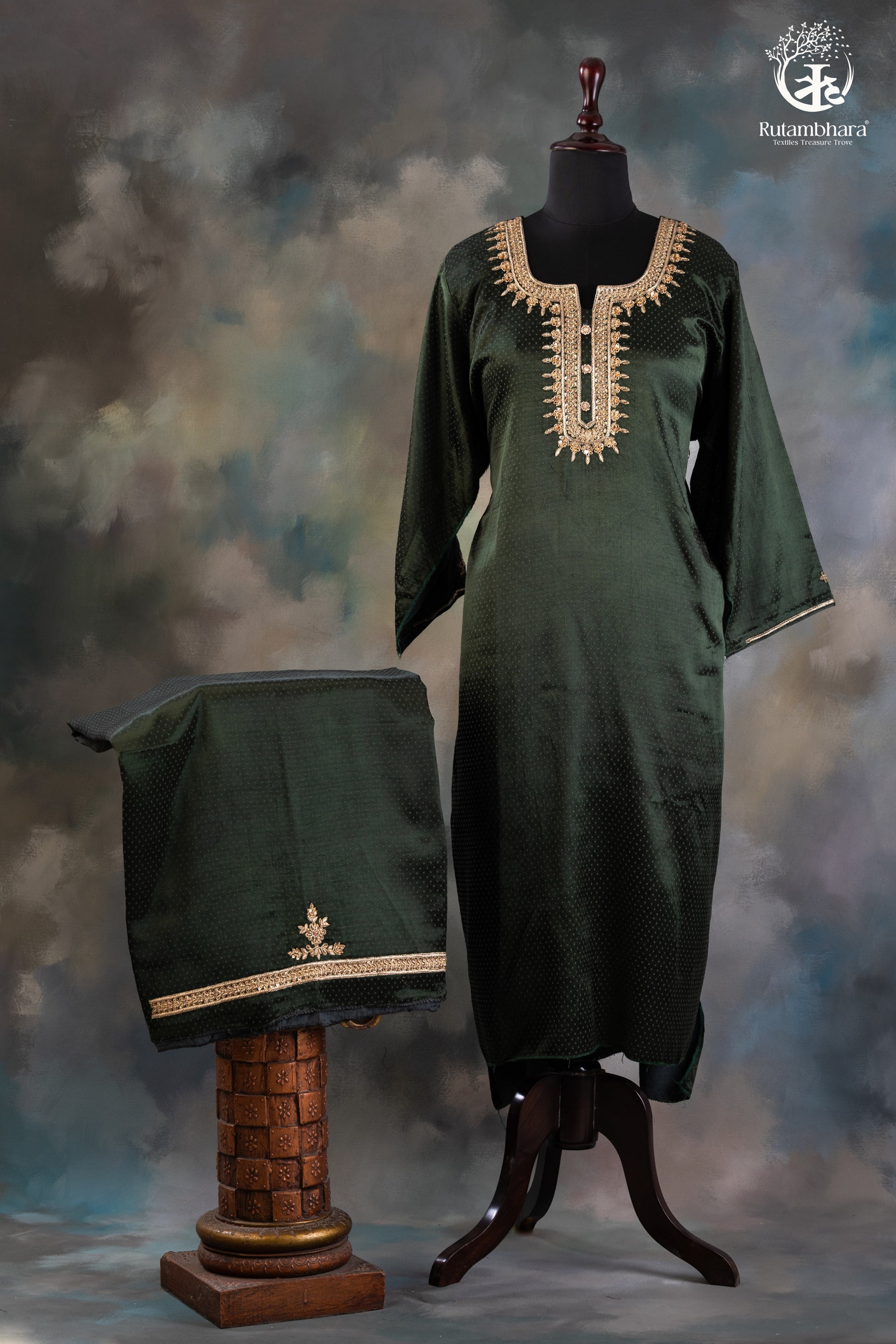 Emerald Green Dana Mashru Silk Suit with Zari Zardozi Hand Embroidery-RUTAMBHARA -RUTAMBHARA