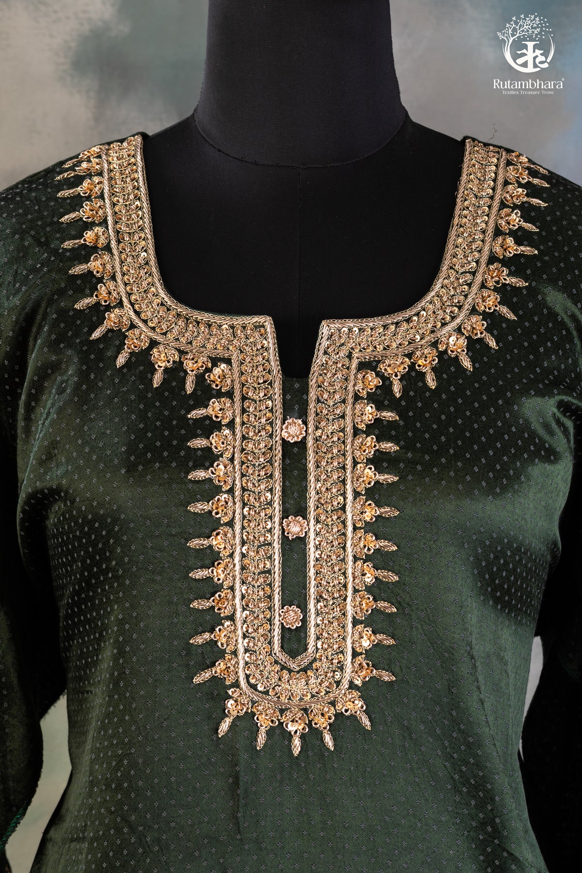 Emerald Green Dana Mashru Silk Suit with Zari Zardozi Hand Embroidery
