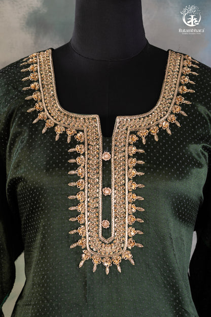 Emerald Green Dana Mashru Silk Suit with Zari Zardozi Hand Embroidery-RUTAMBHARA -RUTAMBHARA