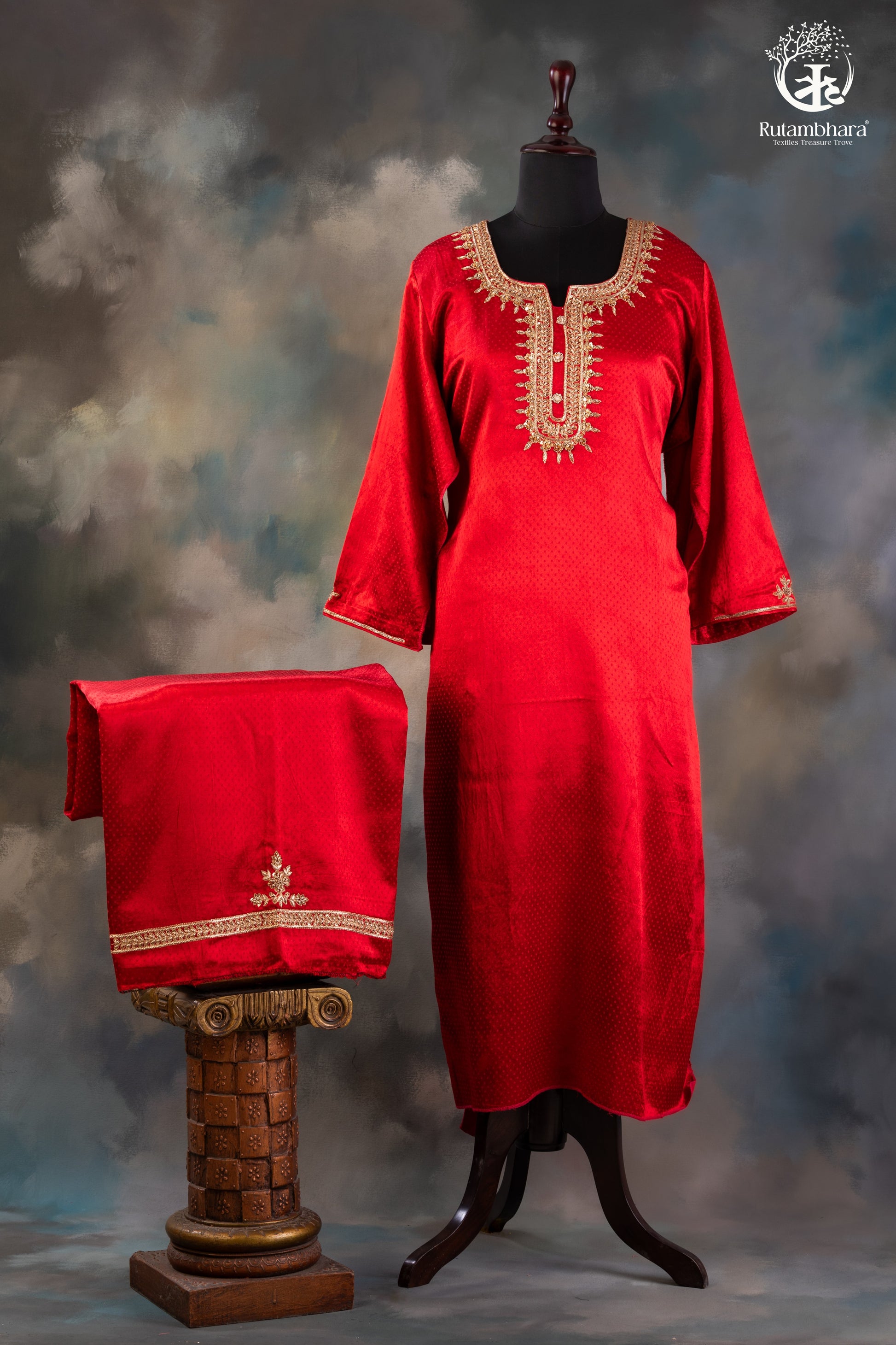 Radiant Red Dana Mashru Silk Suit with Zari Zardozi Hand Embroidery-RUTAMBHARA-RUTAMBHARA