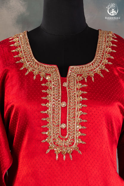 Radiant Red Dana Mashru Silk Suit with Zari Zardozi Hand Embroidery-RUTAMBHARA-RUTAMBHARA