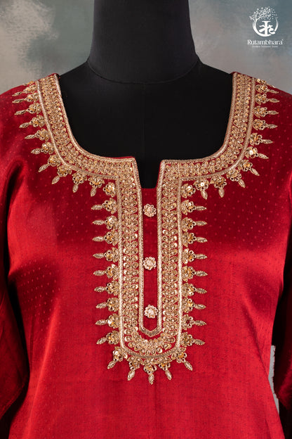 Radiant Red Dana Mashru Silk Suit with Zari Zardozi Hand Embroidery-RUTAMBHARA-RUTAMBHARA