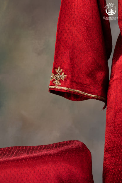 Radiant Red Dana Mashru Silk Suit with Zari Zardozi Hand Embroidery-RUTAMBHARA-RUTAMBHARA