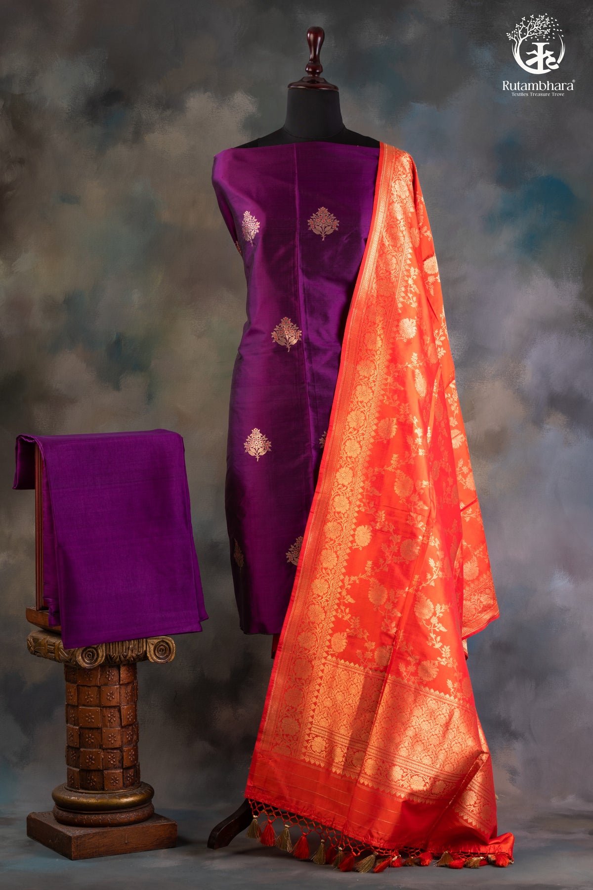 Noushk - Deep Violet Meenakari Gold Buta Handwoven Pure Katan Silk Banarasi Suit