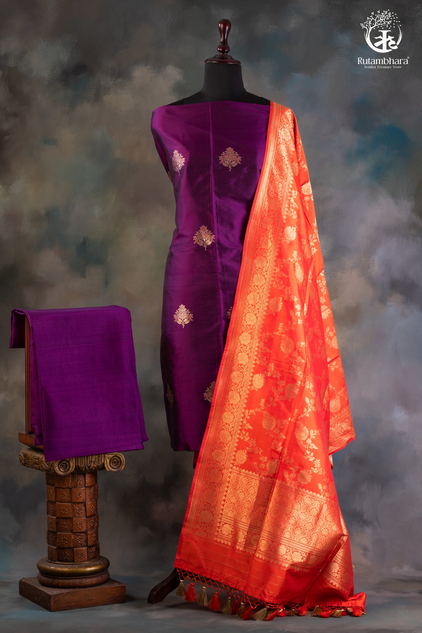 Noushk - Deep Violet Meenakari Gold Buta Handwoven Pure Katan Silk Banarasi Suit