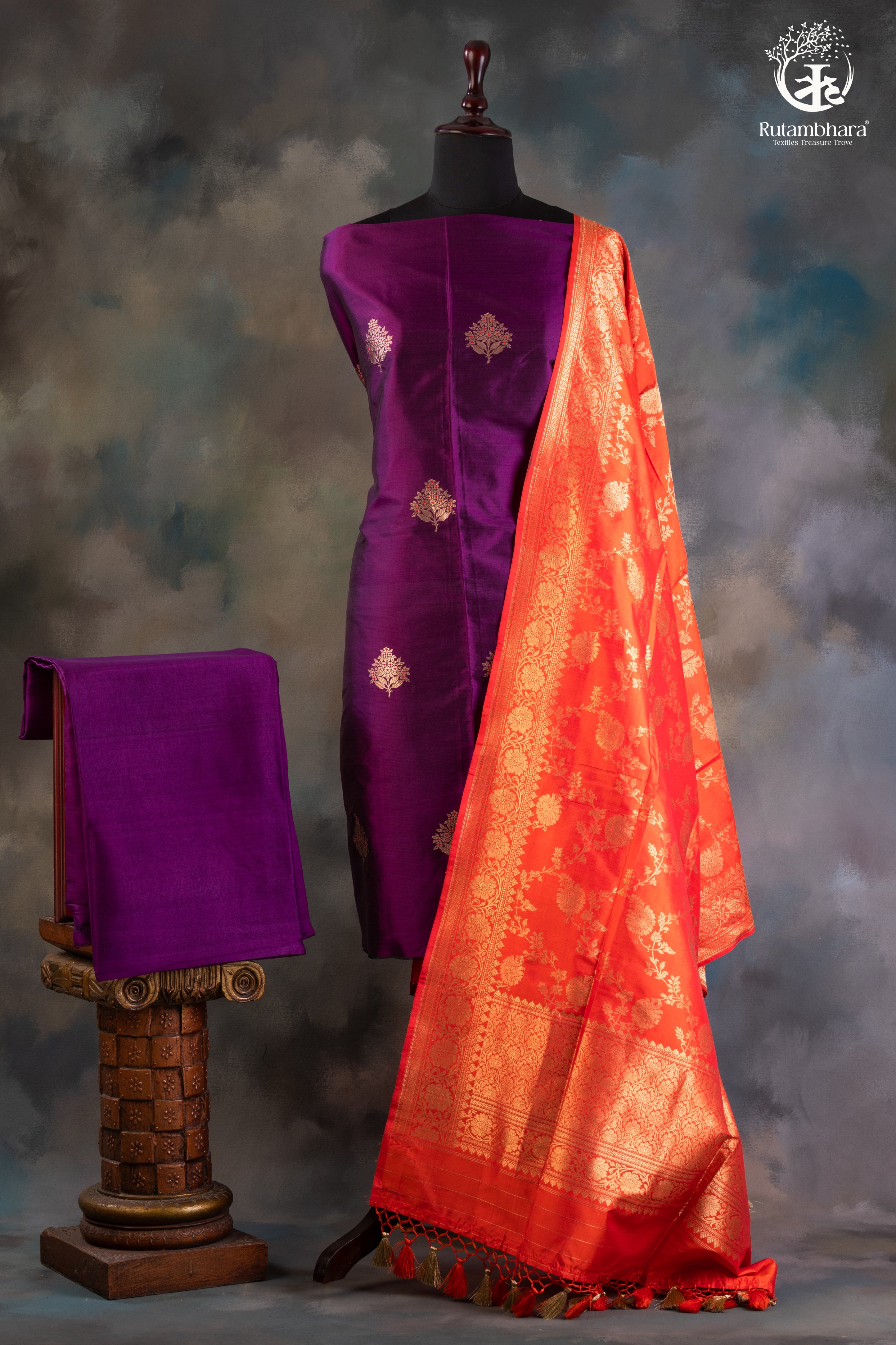 Noushk - Deep Violet Meenakari Buta Handwoven Pure Katan Silk Banarasi Suit