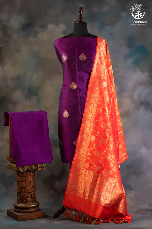 Noushk - Deep Violet Meenakari Buta Handwoven Pure Katan Silk Banarasi Suit