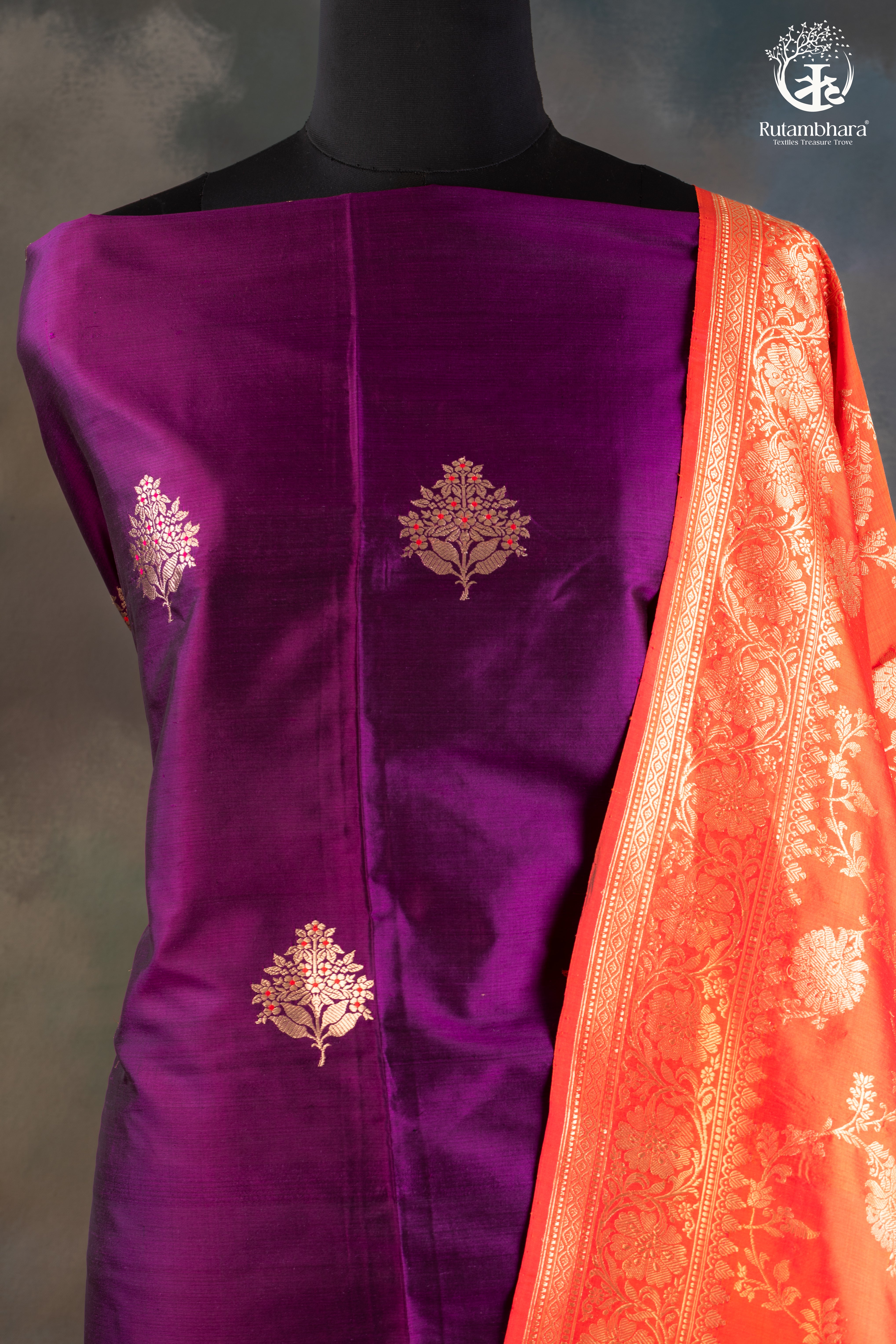 Noushk - Deep Violet Meenakari Buta Handwoven Pure Katan Silk Banarasi Suit