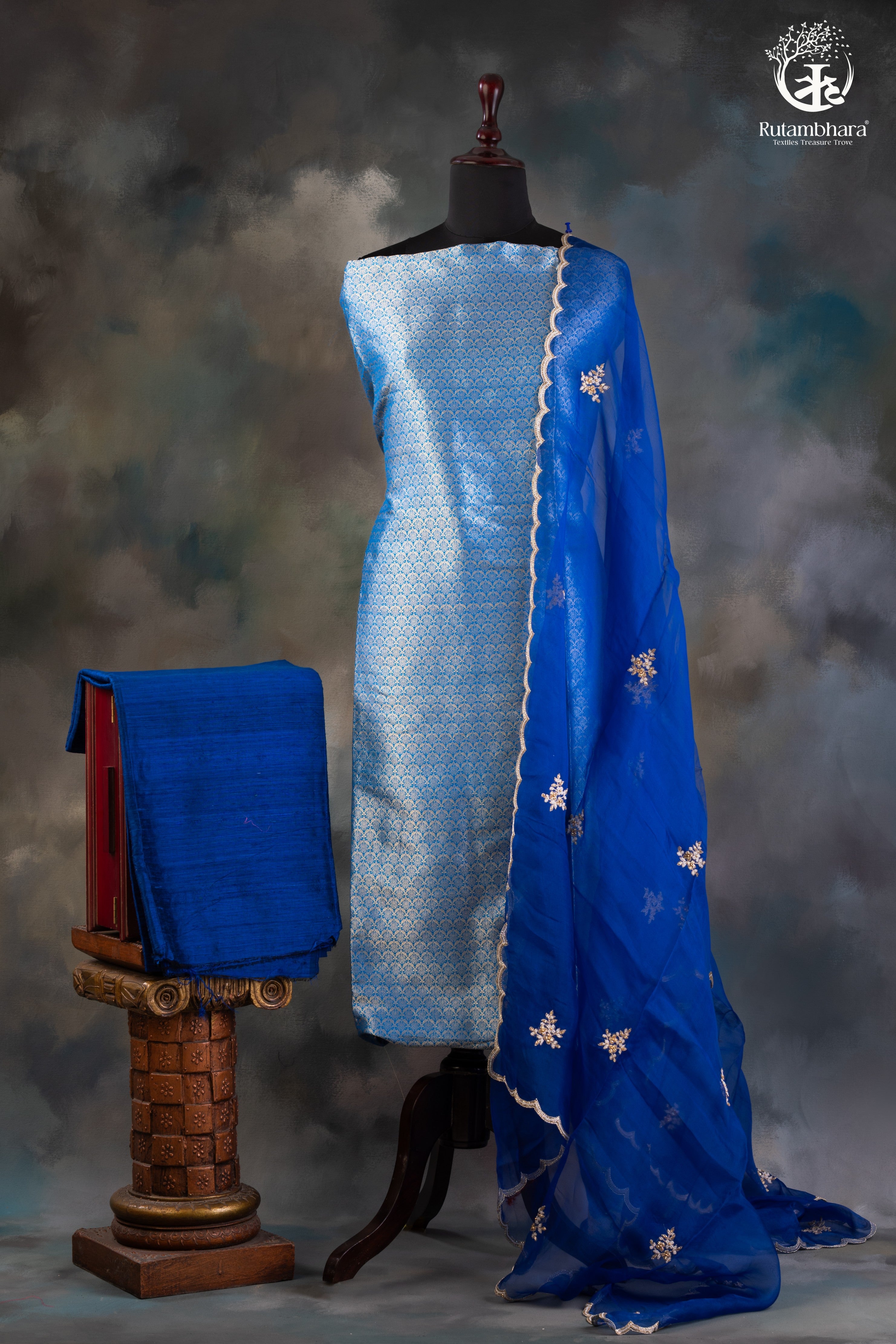 Royal Blue Handwoven Tanchoi Banarasi Suit with Hand Embroidered Organza Dupatta