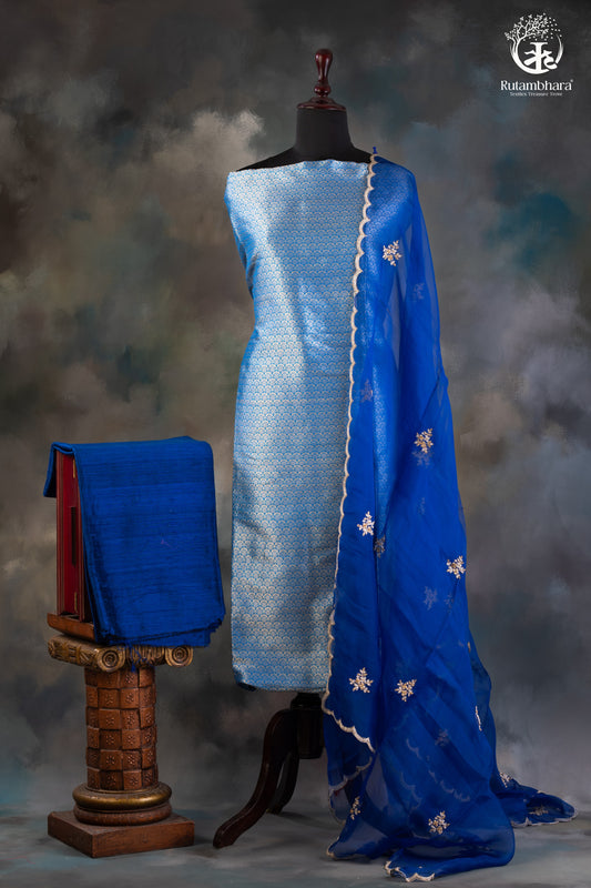 Royal Blue Handwoven Tanchoi Banarasi Suit with Hand Embroidered Organza Dupatta