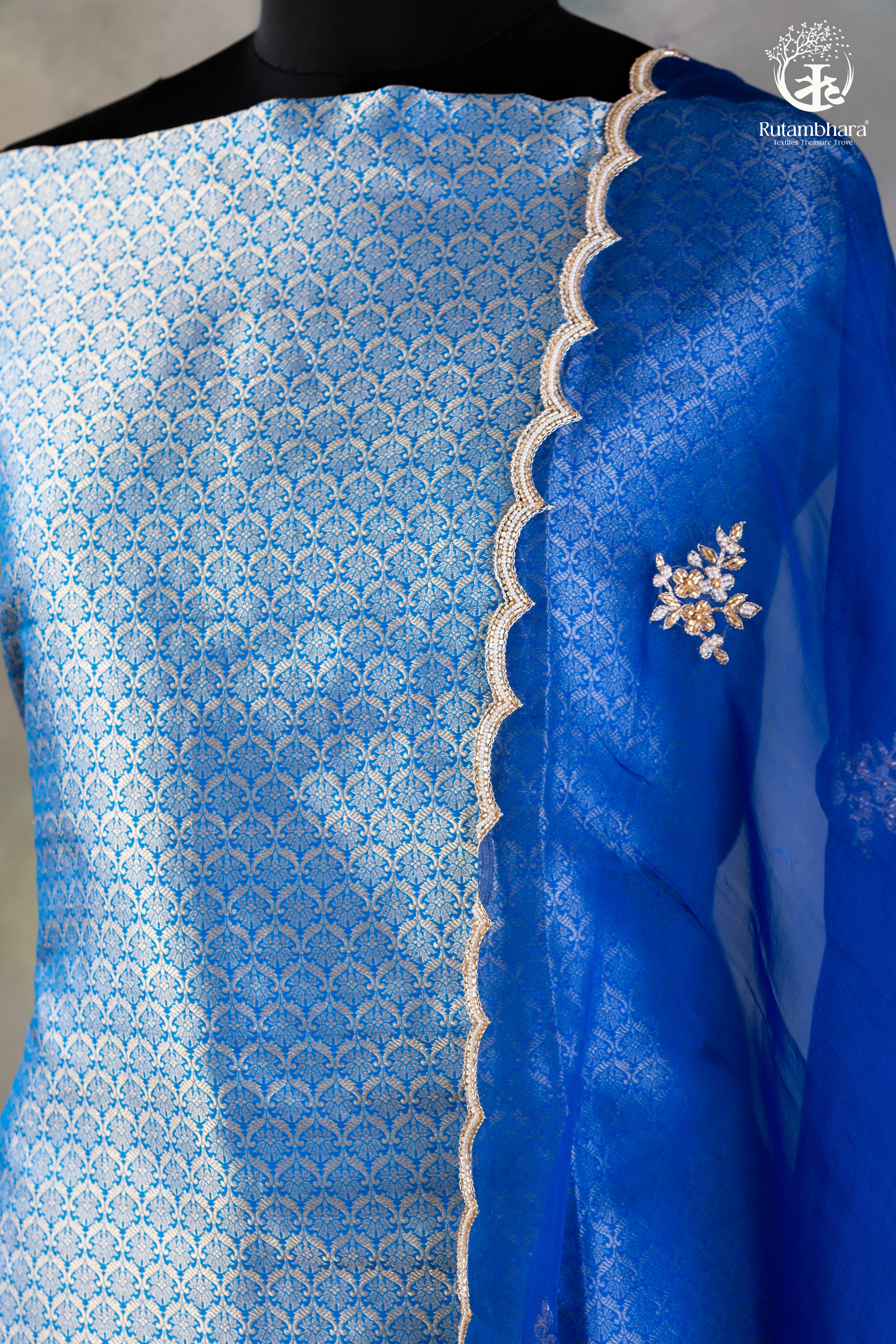 Royal Blue Handwoven Tanchoi Banarasi Suit with Hand Embroidered Organza Dupatta