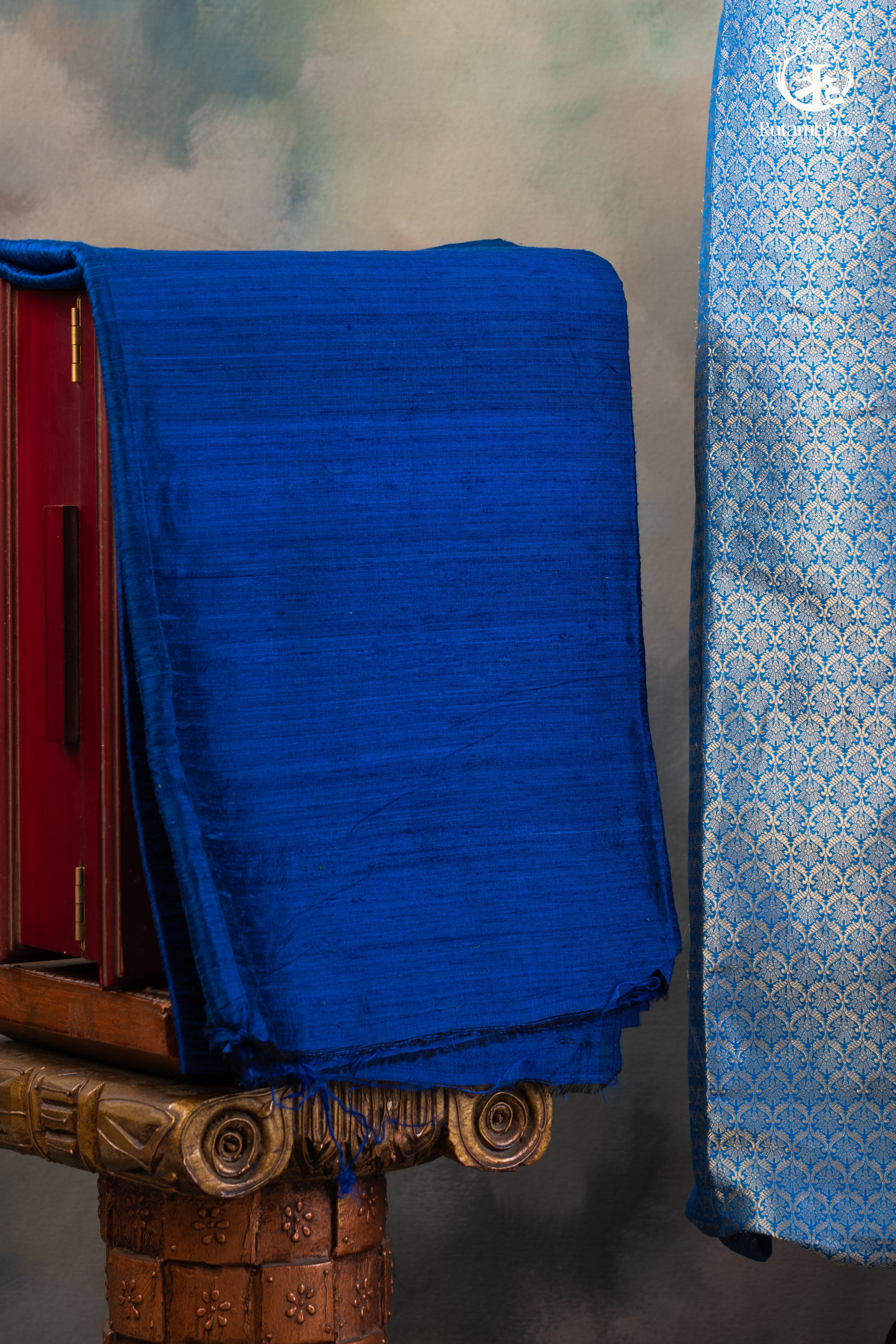 Royal Blue Handwoven Tanchoi Banarasi Suit with Hand Embroidered Organza Dupatta