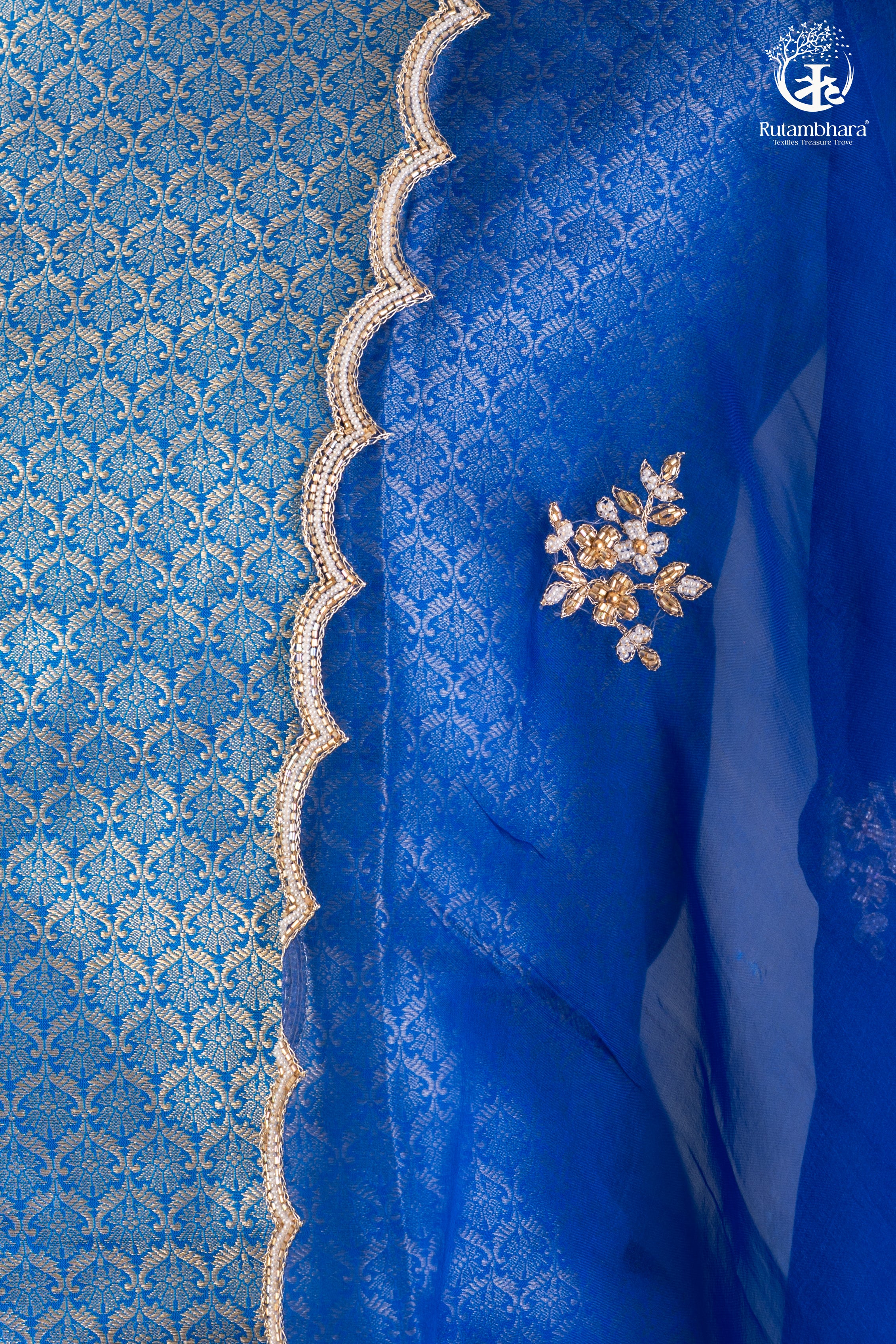 Royal Blue Handwoven Tanchoi Banarasi Suit with Hand Embroidered Organza Dupatta