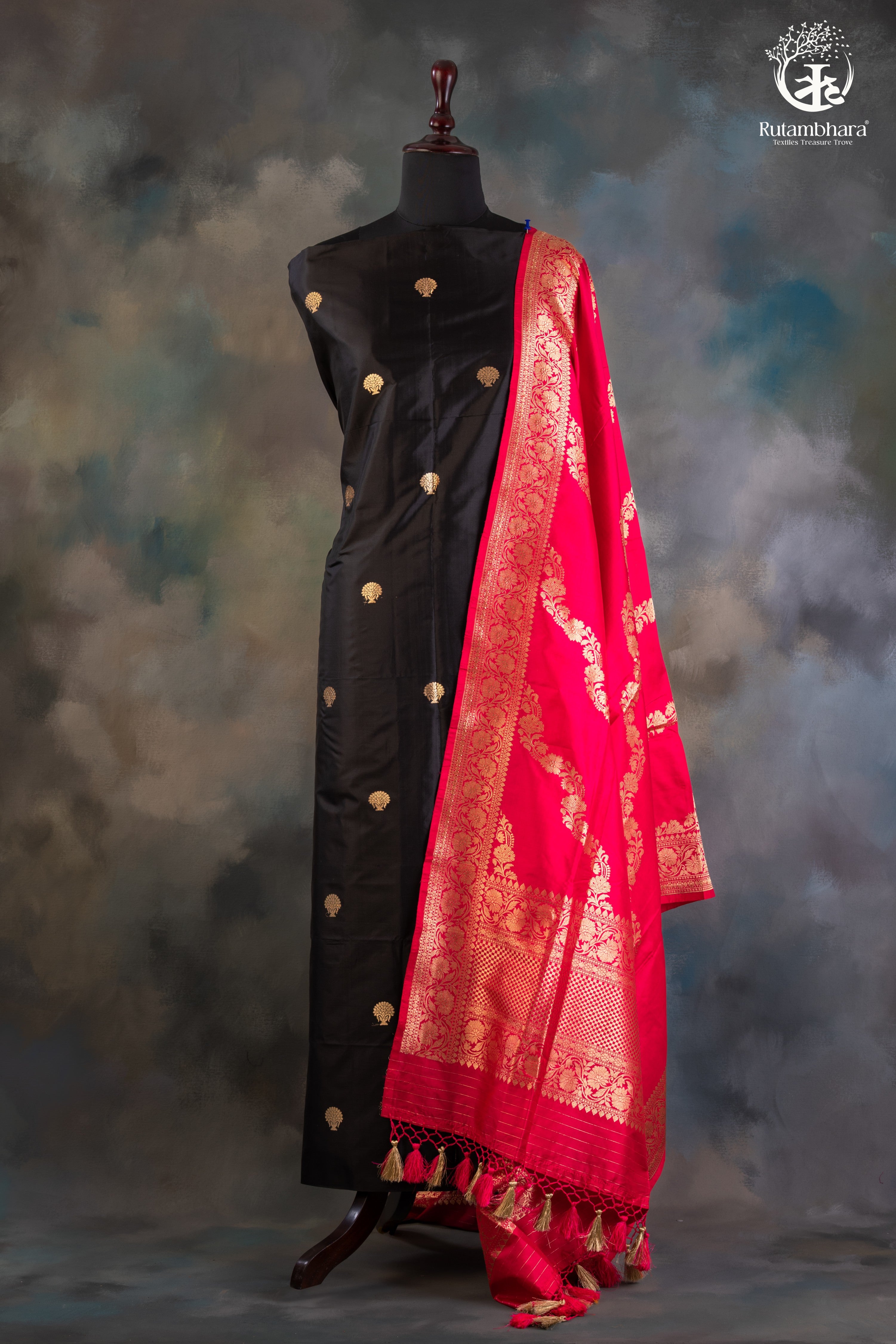 Noushk - Classi Black & Gold Meenakari Buta Handwoven Pure Katan Silk Banarasi Suit
