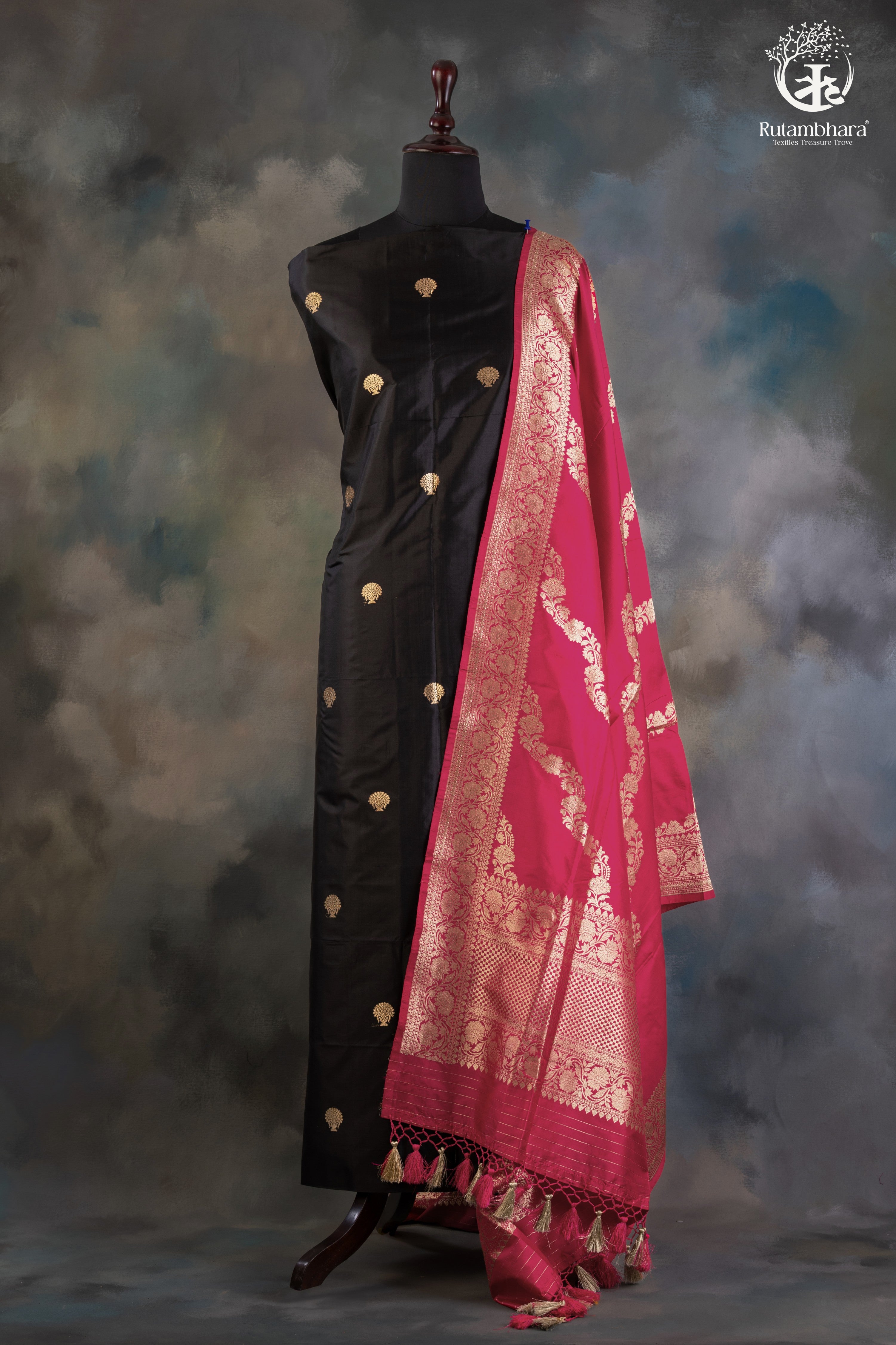 Noushk - Classic Black and Pink  Handwoven Pure Katan Silk Banarasi Suit