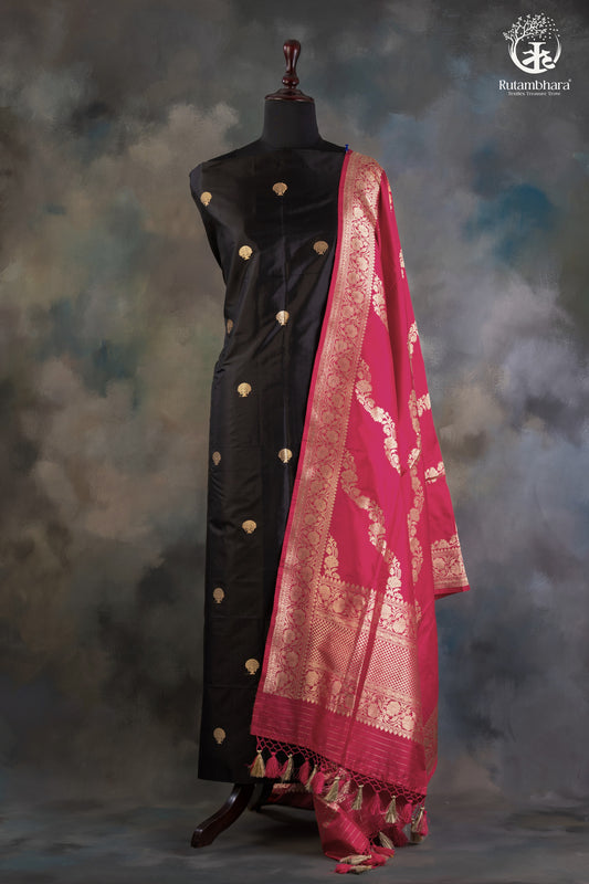 Noushk - Classic Black and Pink  Handwoven Pure Katan Silk Banarasi Suit