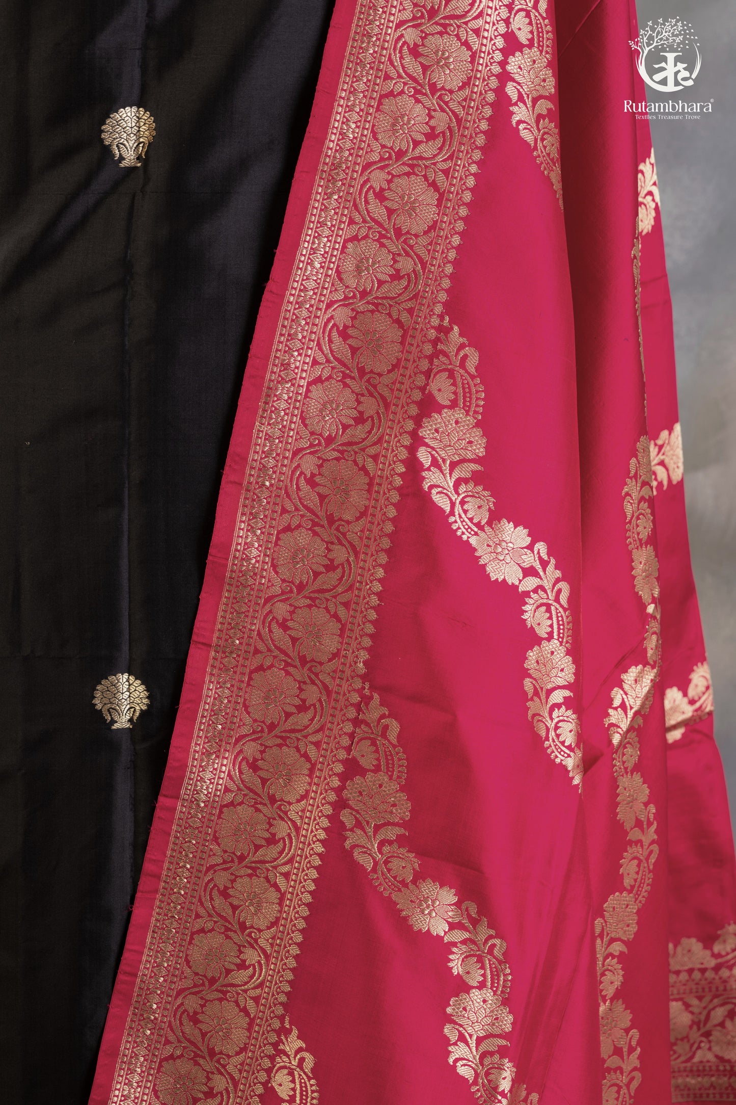 Noushk - Classic Black and Pink  Handwoven Pure Katan Silk Banarasi Suit