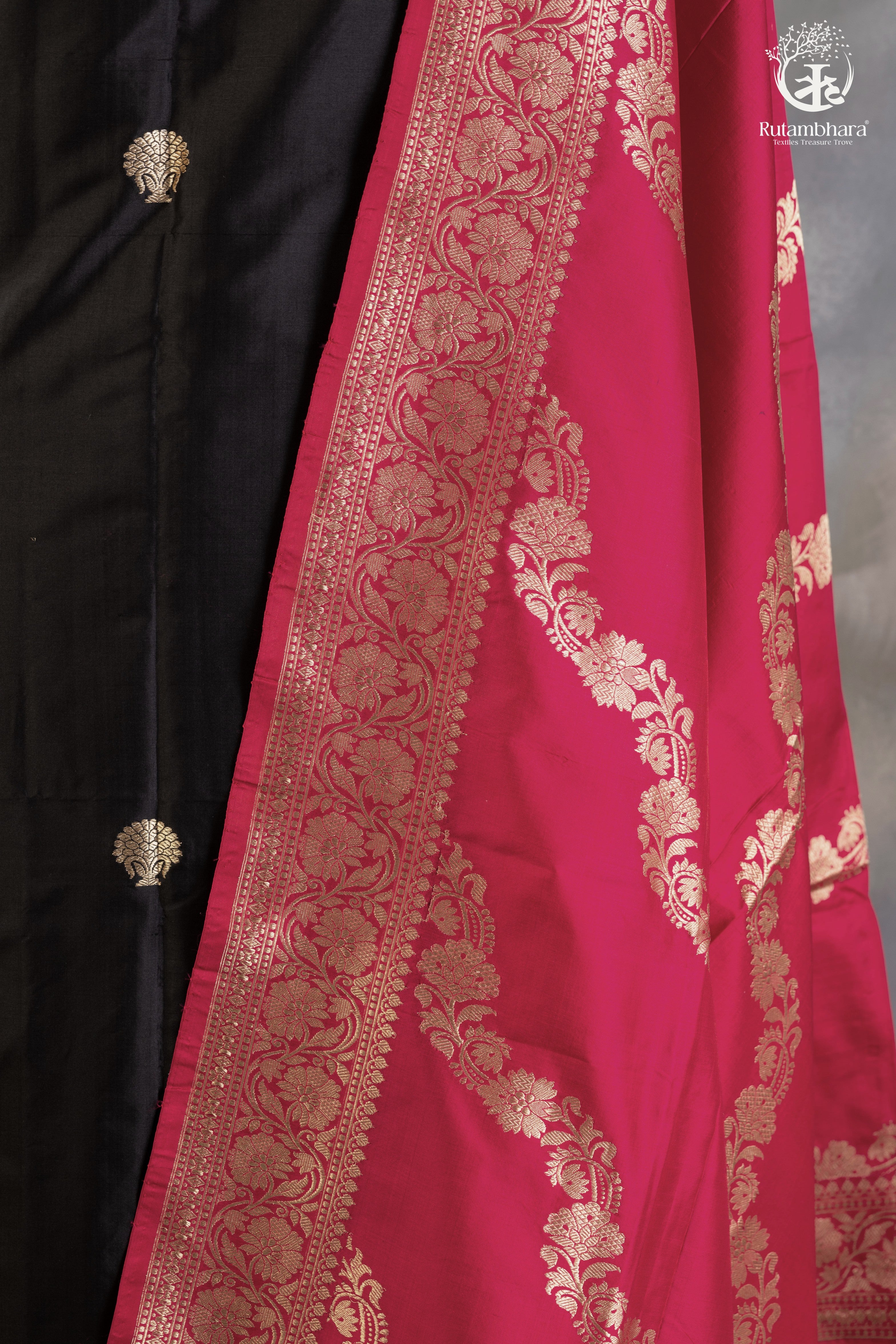 Noushk - Classic Black and Pink  Handwoven Pure Katan Silk Banarasi Suit
