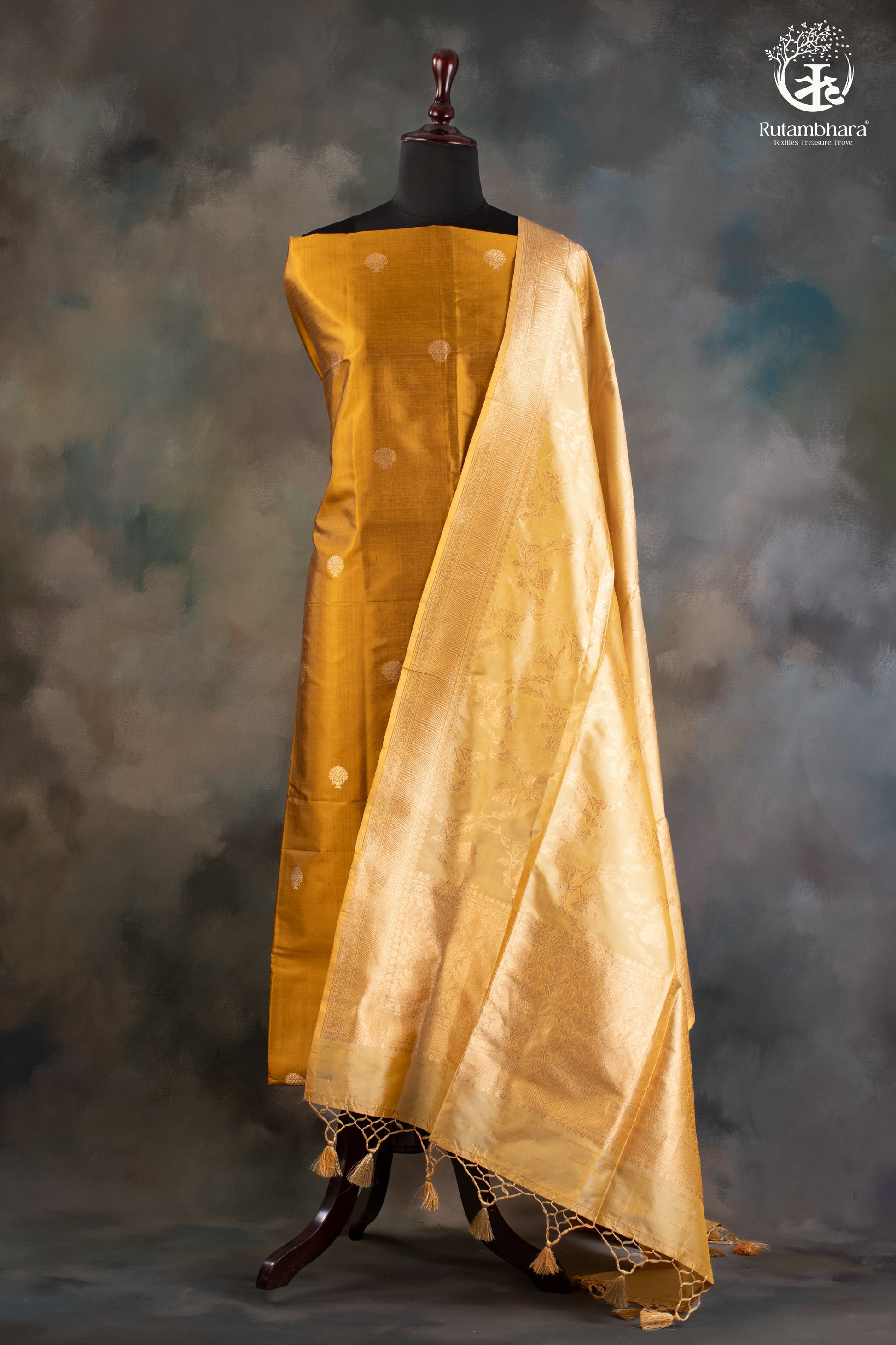 Noushk - Mustard and Sage Green Gold Buta Handwoven Pure Katan Silk Banarasi Suit-RUTAMBHARA-RUTAMBHARA