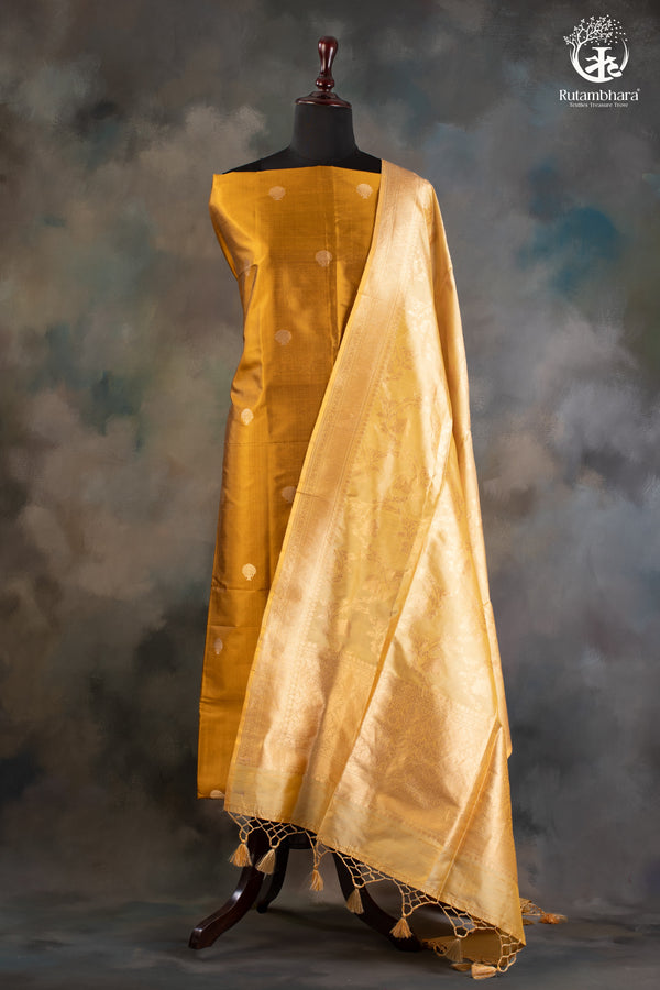 Noushk - Mustard and Sage Green Gold Buta Handwoven Pure Katan Silk Banarasi Suit-RUTAMBHARA-RUTAMBHARA