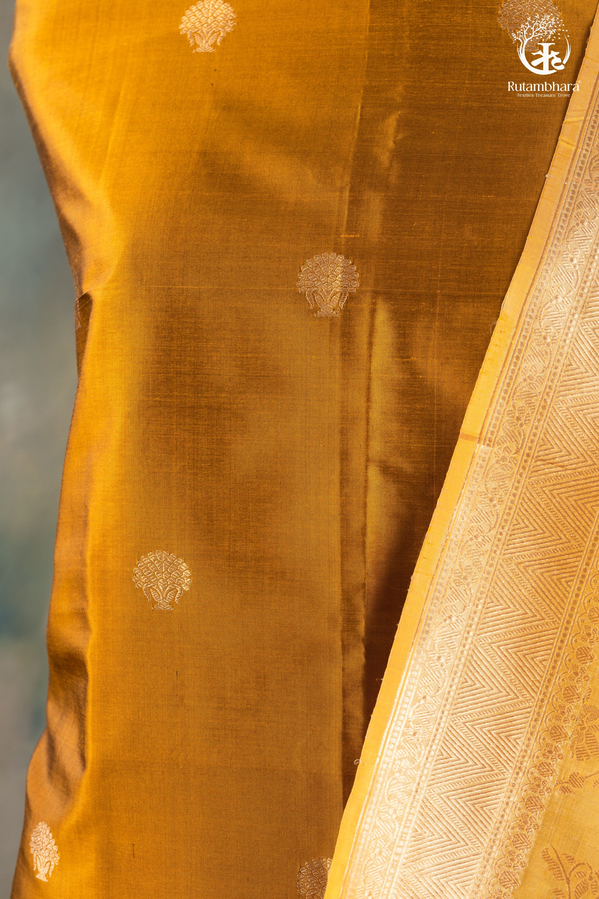 Noushk - Mustard and Sage Green Gold Buta Handwoven Pure Katan Silk Banarasi Suit-RUTAMBHARA-RUTAMBHARA