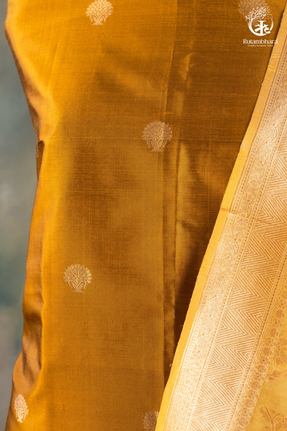 Noushk - Mustard and Sage Green Gold Buta Handwoven Pure Katan Silk Banarasi Suit-RUTAMBHARA-RUTAMBHARA