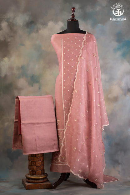 Rose Pink Chanderi Cotton Silk Suit Set with Organza Dupatta-RUTAMBHARA-RUTAMBHARA