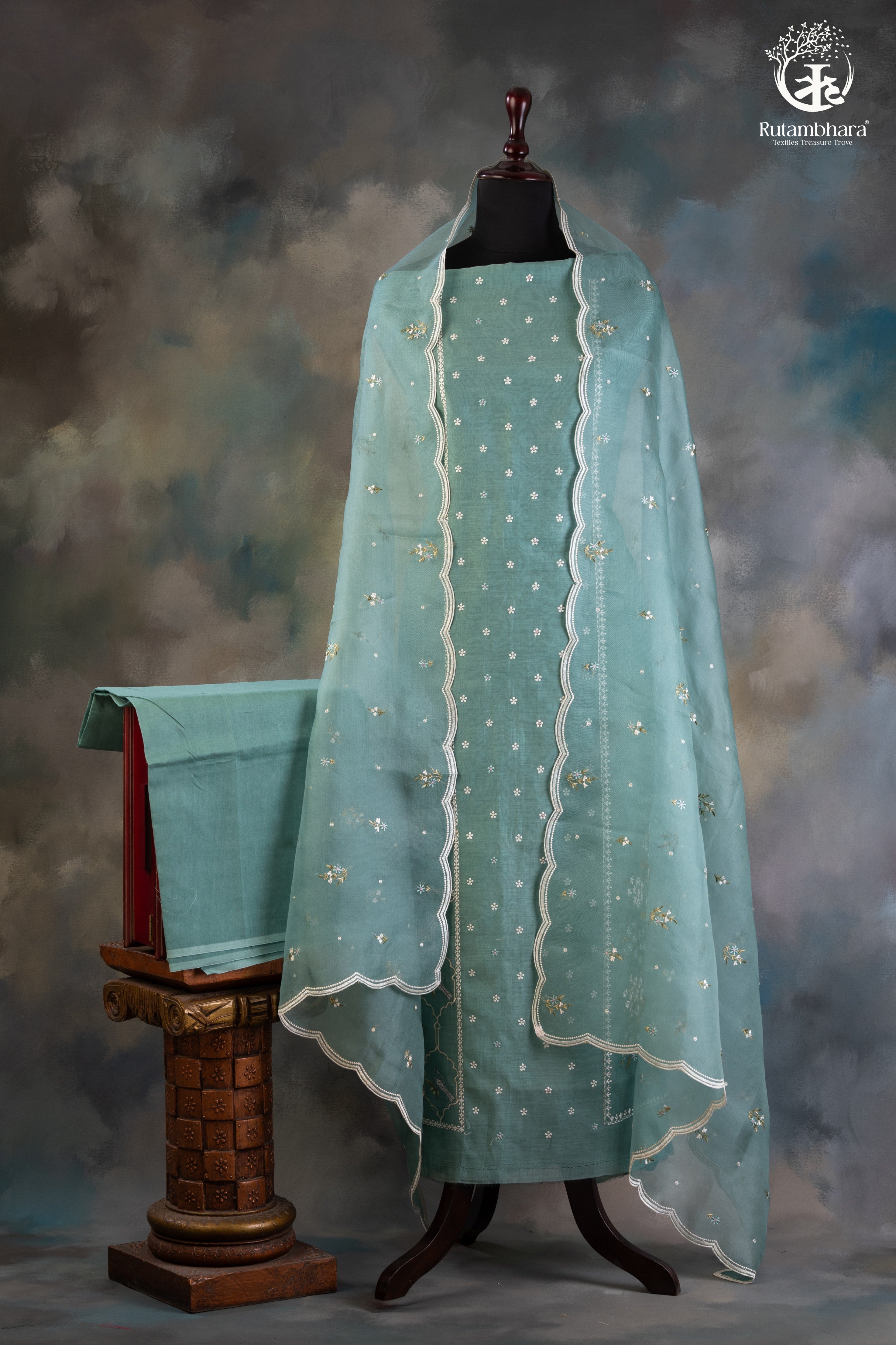 Graceful Aqua Green Chanderi Silk Cotton Embroidered Suit Set