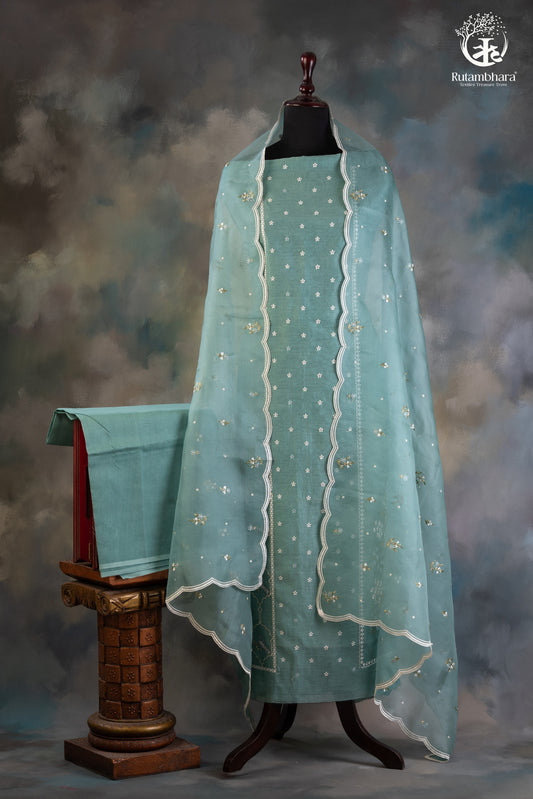Graceful Aqua Green Chanderi Silk Cotton Embroidered Suit Set