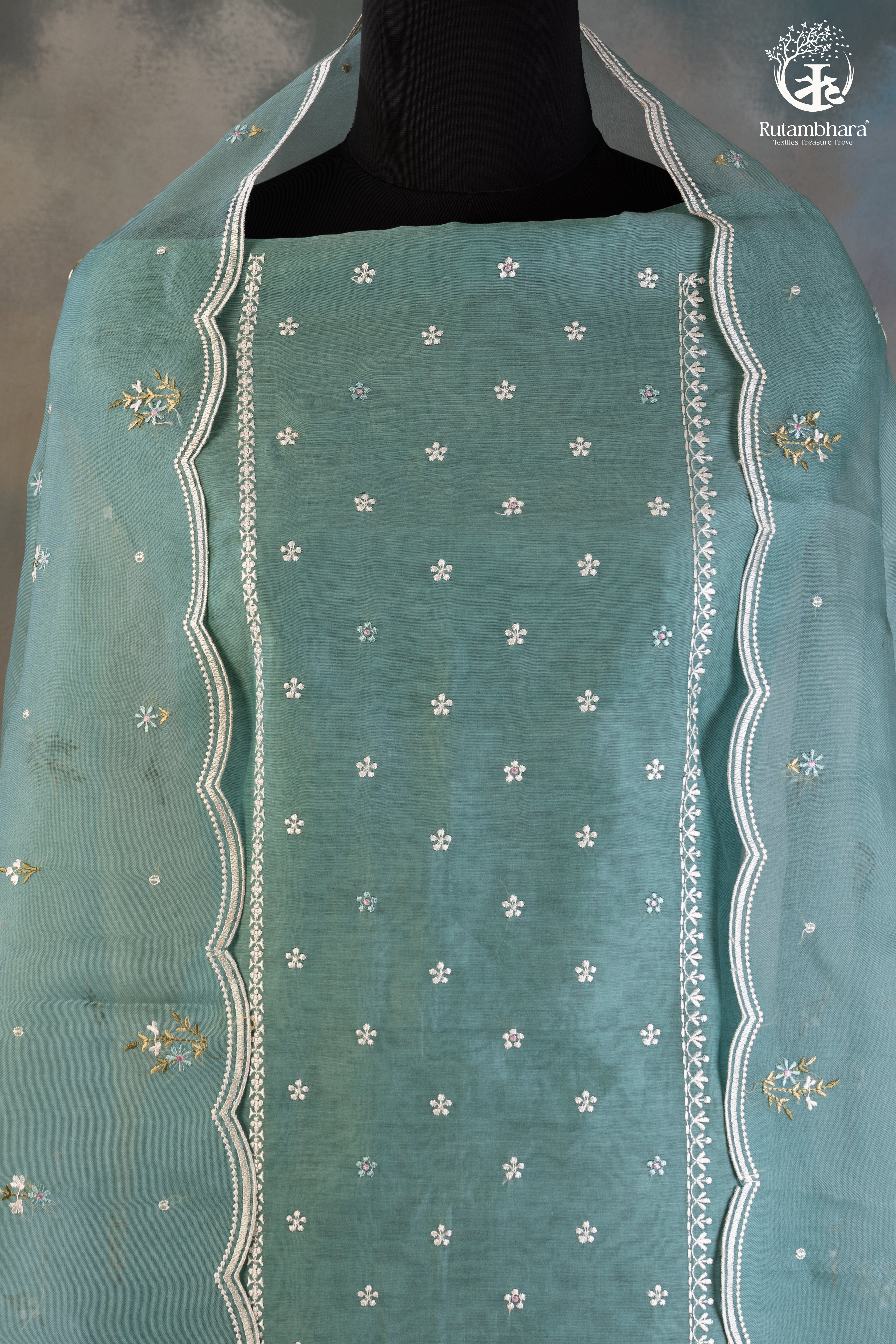 Graceful Aqua Green Chanderi Silk Cotton Embroidered Suit Set
