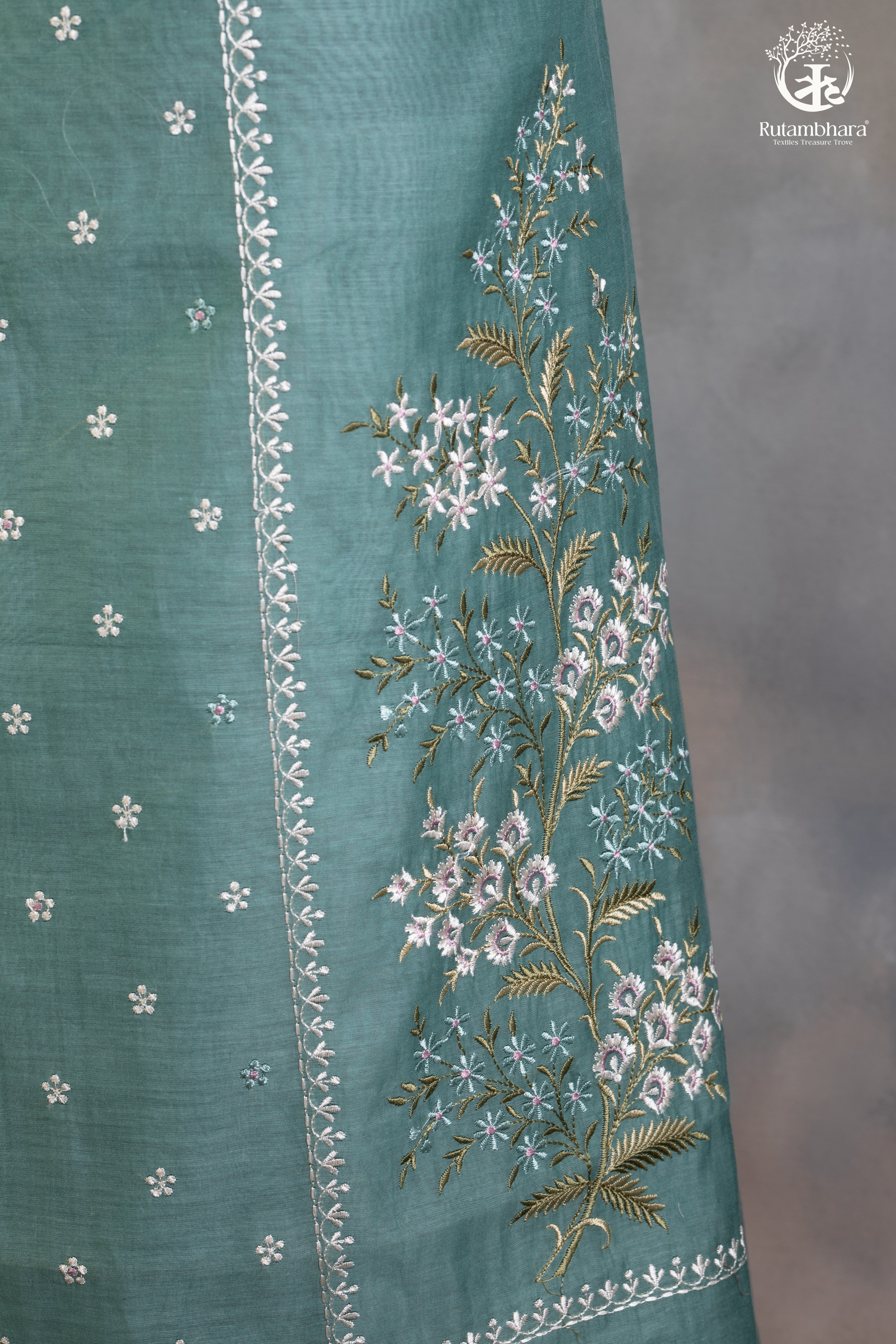 Graceful Aqua Green Chanderi Silk Cotton Embroidered Suit Set