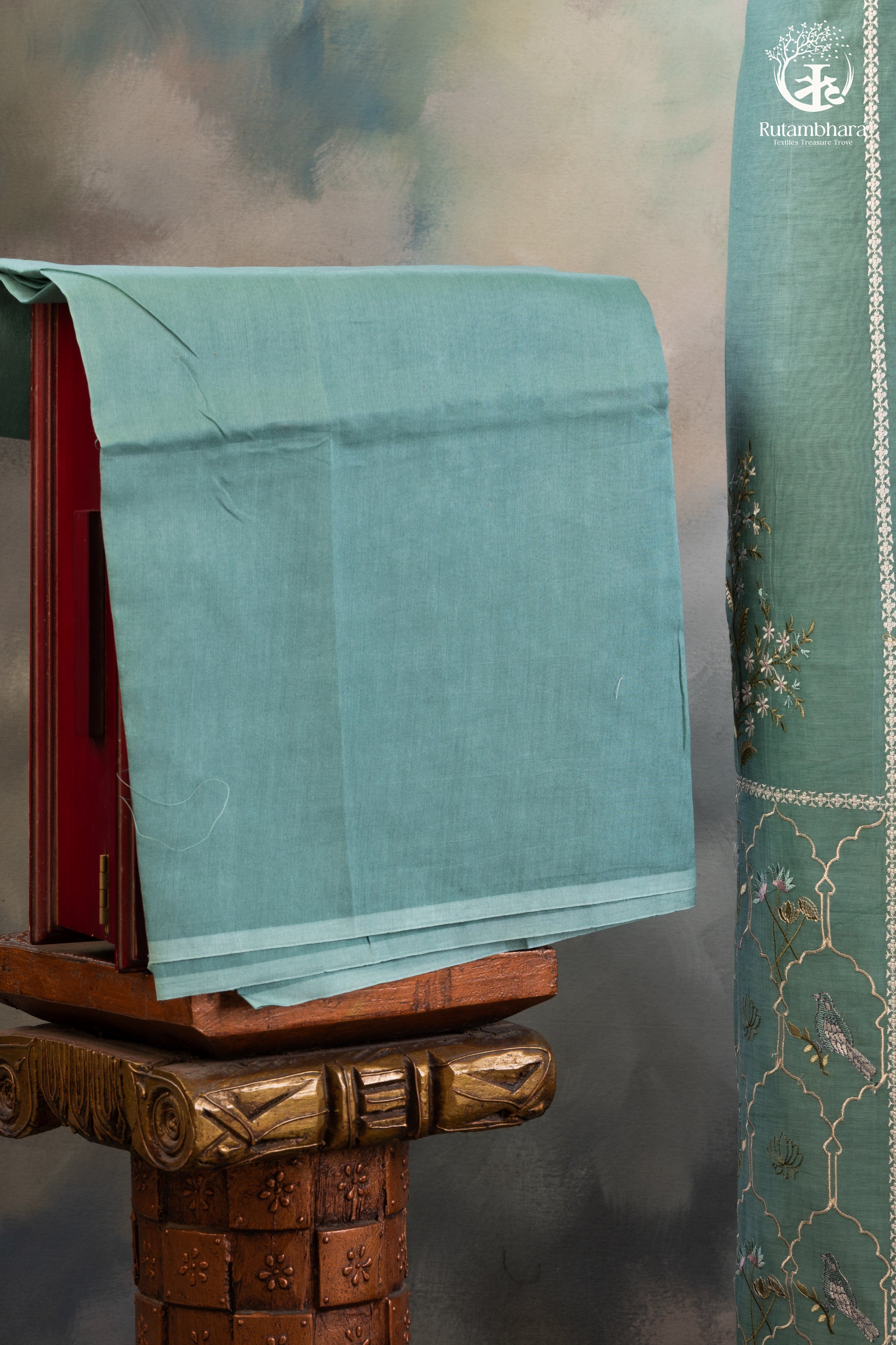 Graceful Aqua Green Chanderi Silk Cotton Embroidered Suit Set-RUTAMBHARA-RUTAMBHARA