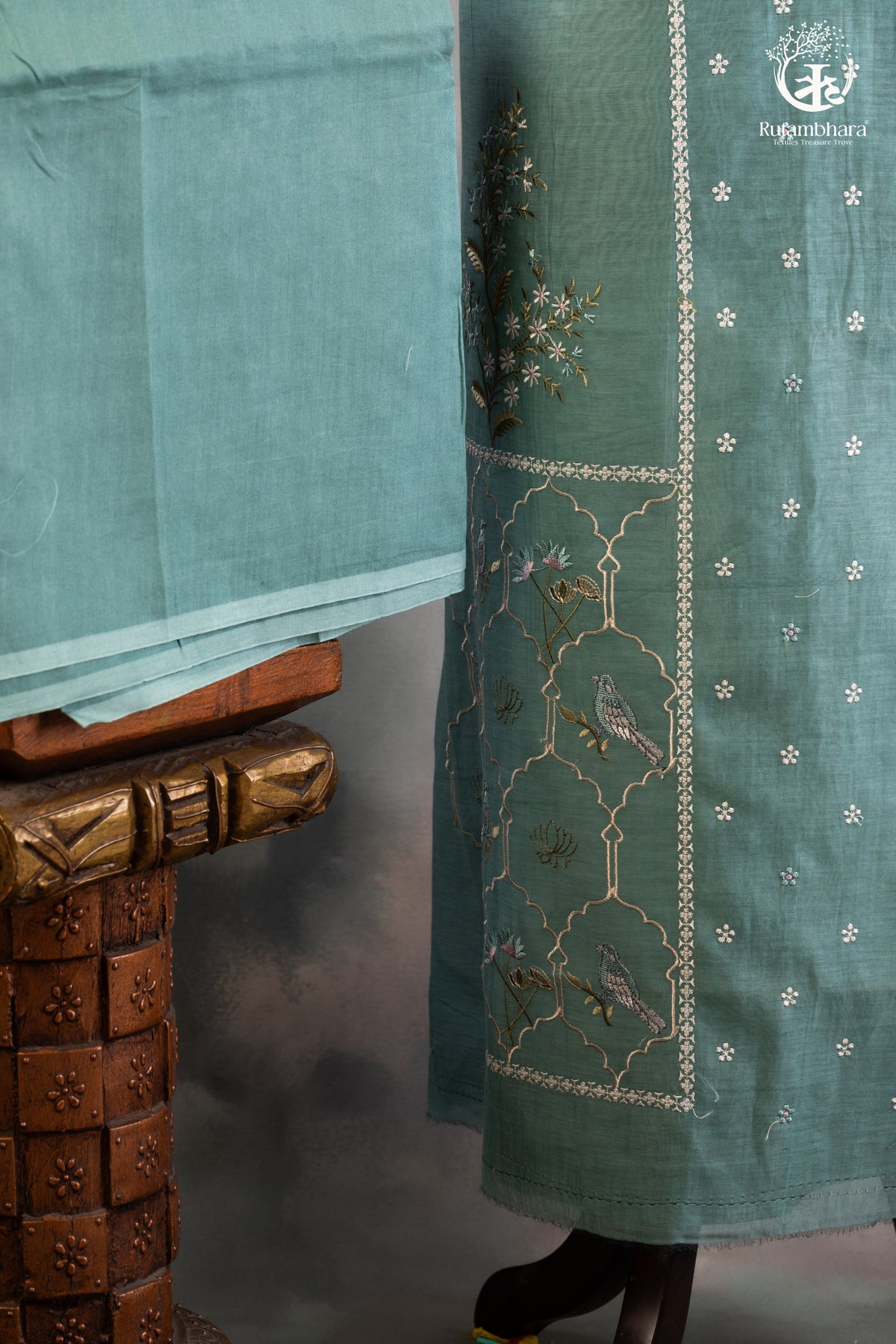 Graceful Aqua Green Chanderi Silk Cotton Embroidered Suit Set