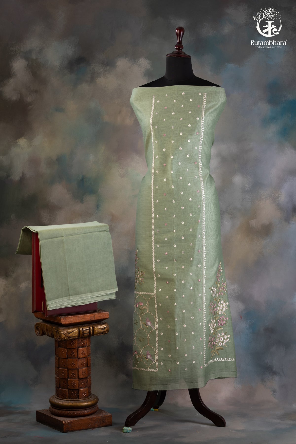 Soothing Sage Green Chanderi silk Cotton Embroidered Suit Set
