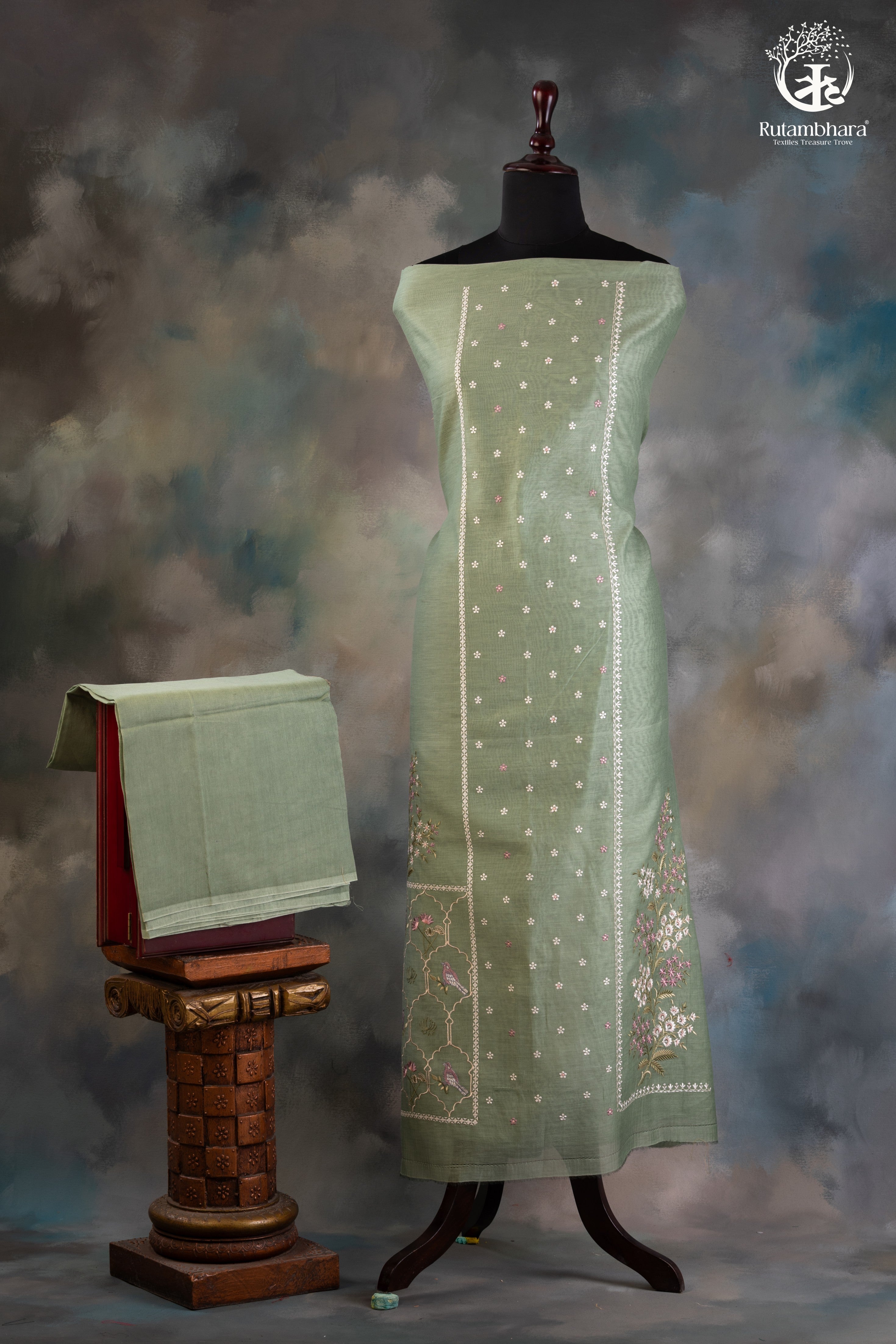 Soothing Sage Green Chanderi silk Cotton Embroidered Suit Set