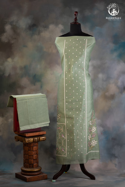 Soothing Sage Green Chanderi silk Cotton Embroidered Suit Set-RUTAMBHARA-RUTAMBHARA