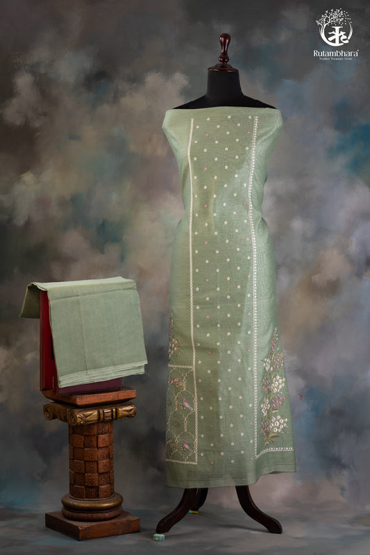 Soothing Sage Green Chanderi silk Cotton Embroidered Suit Set