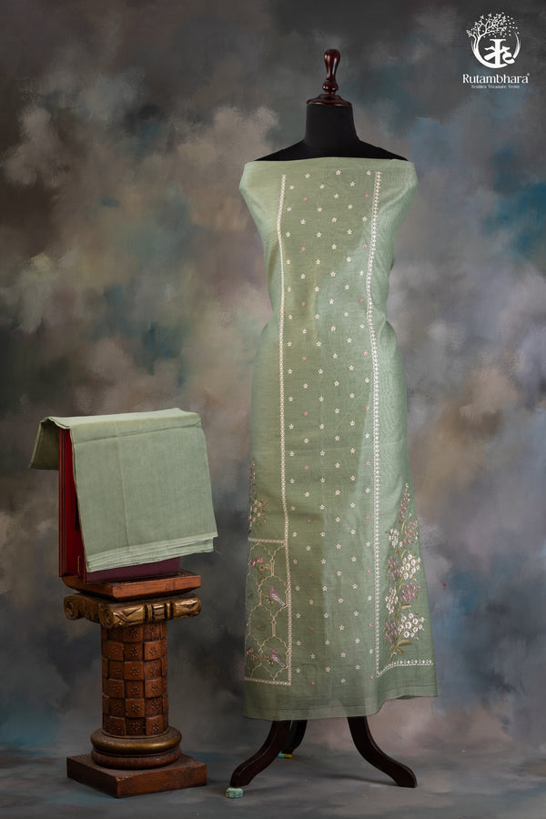 Soothing Sage Green Chanderi silk Cotton Embroidered Suit Set-RUTAMBHARA-RUTAMBHARA
