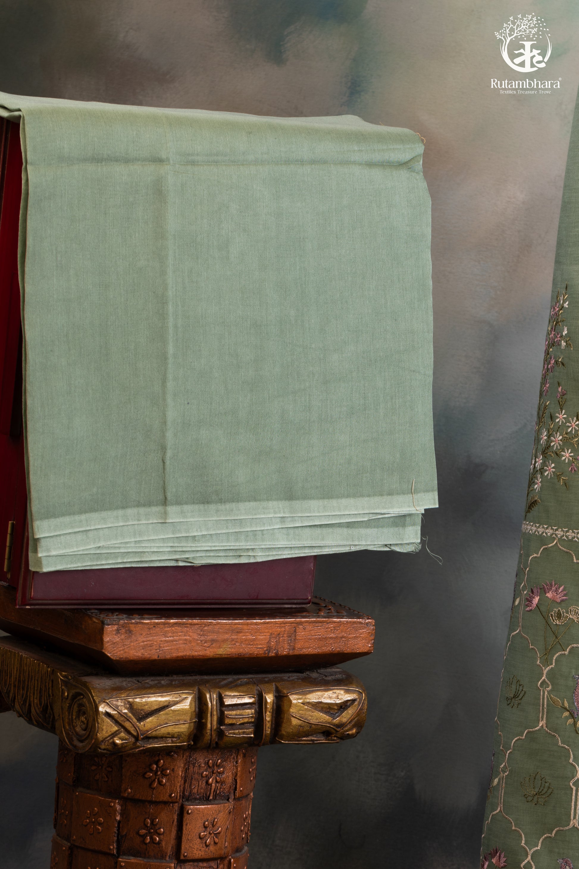 Soothing Sage Green Chanderi silk Cotton Embroidered Suit Set-RUTAMBHARA-RUTAMBHARA