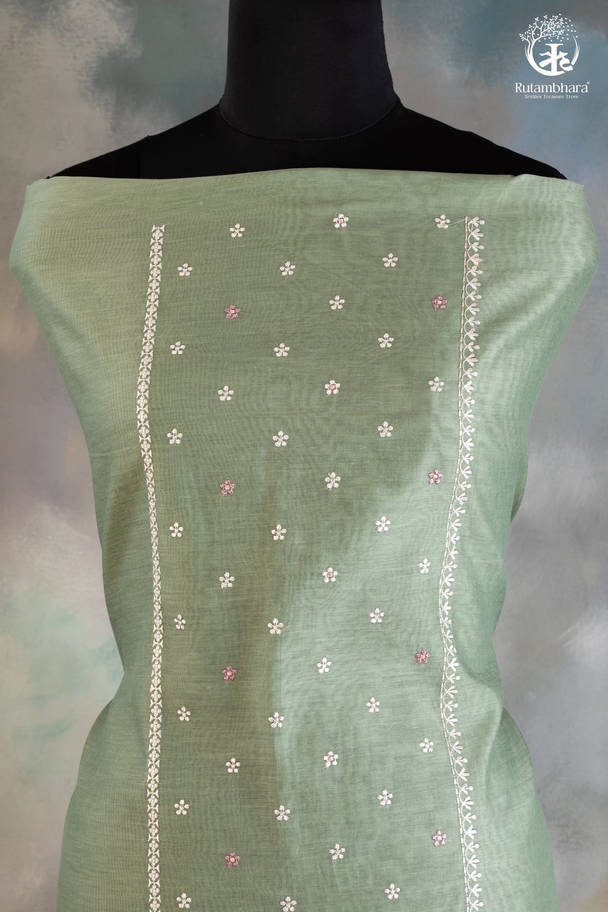 Soothing Sage Green Chanderi silk Cotton Embroidered Suit Set