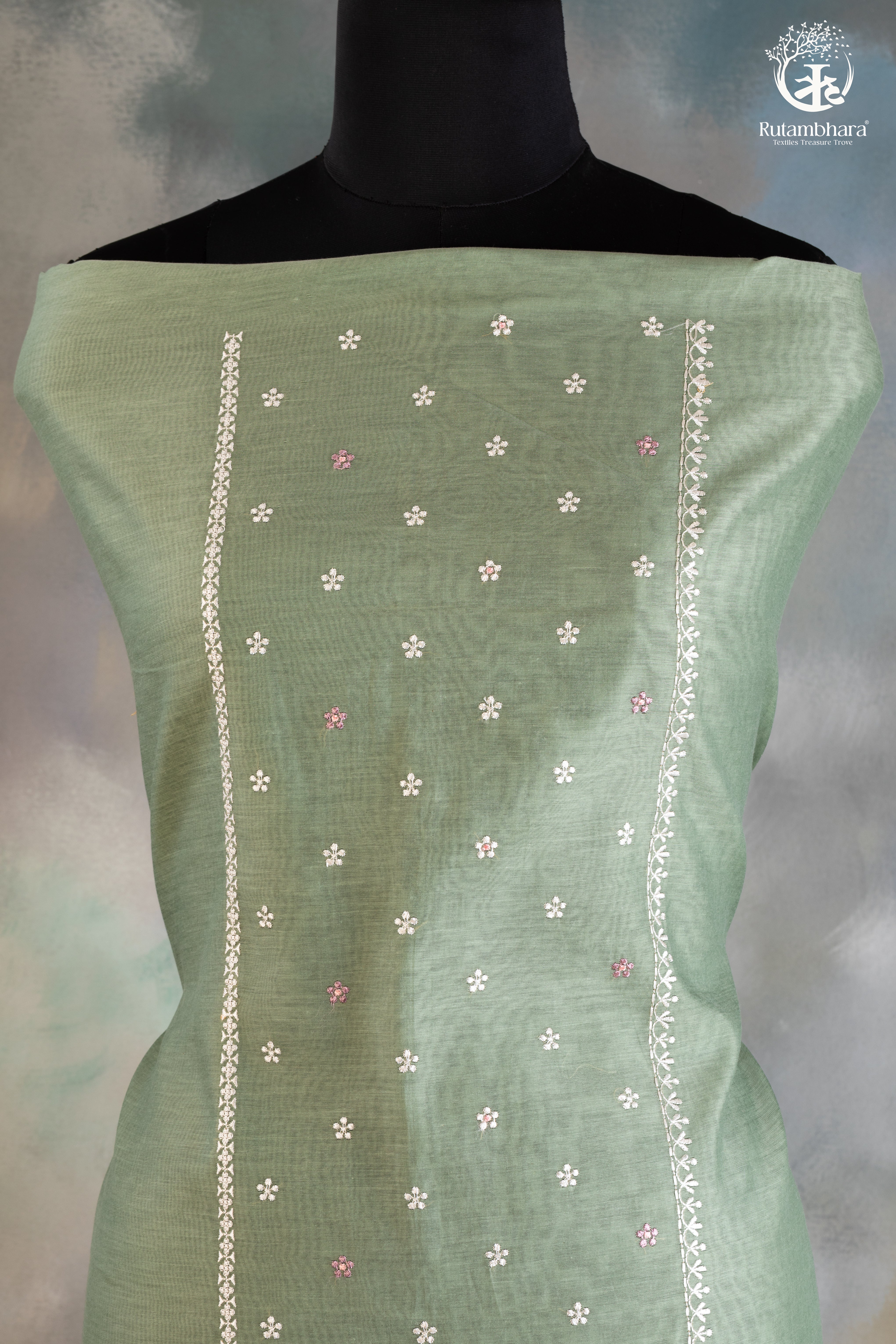 Soothing Sage Green Chanderi silk Cotton Embroidered Suit Set