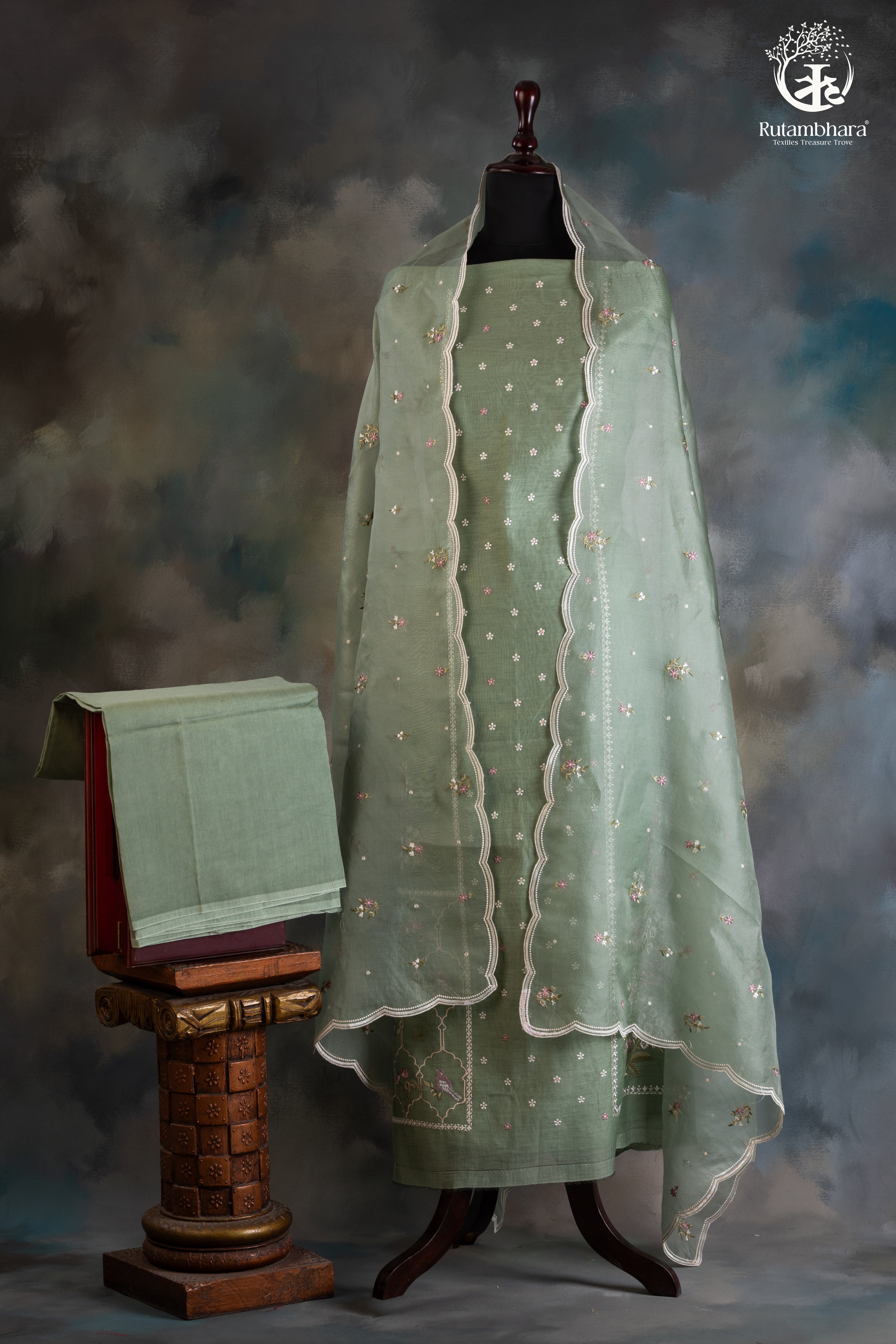 Soothing Sage Green Chanderi silk Cotton Embroidered Suit Set