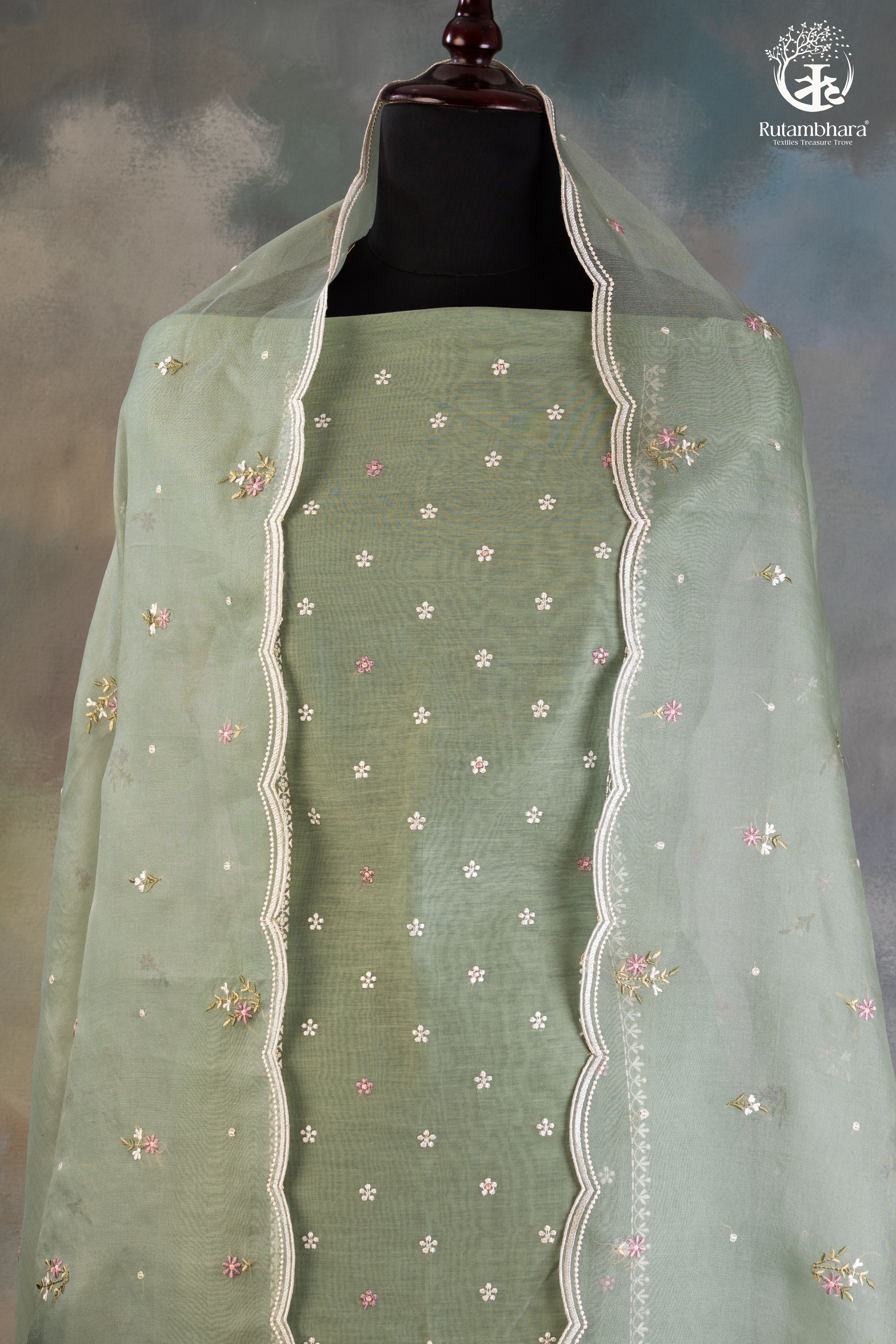 Soothing Sage Green Chanderi silk Cotton Embroidered Suit Set