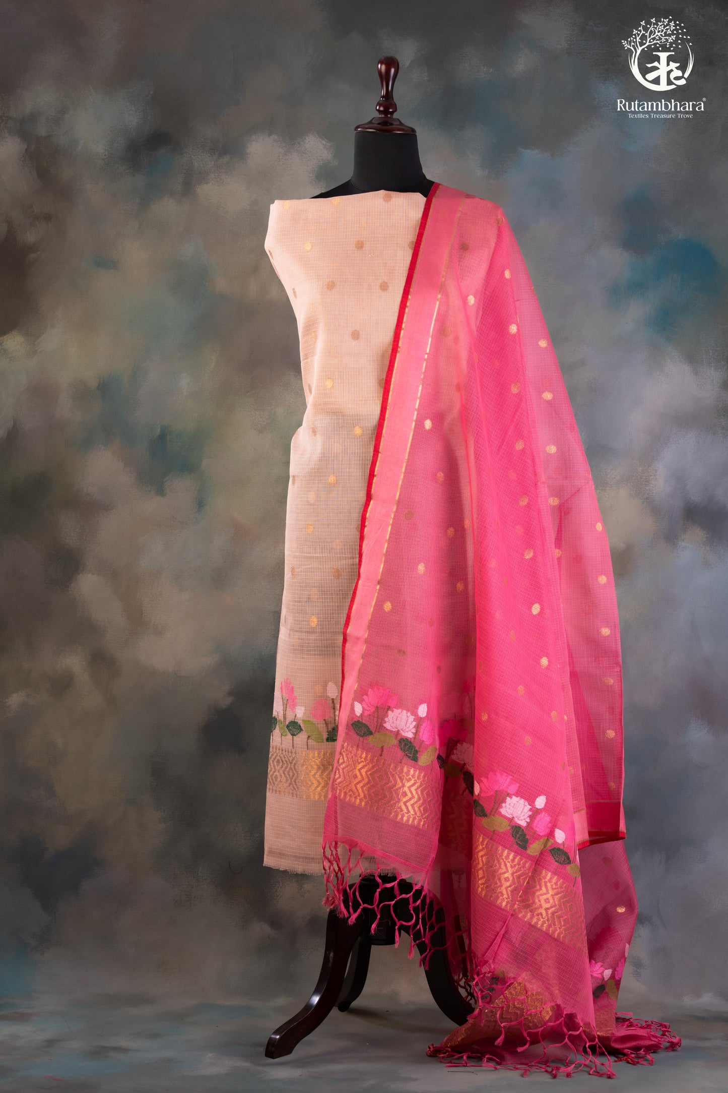 Blush Beige & Rani Pink Zari Kota Doria Suit Set with Floral & Zari Accents