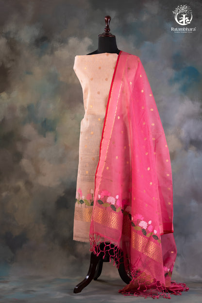 Blush Beige & Rani Pink Zari Kota Doria Suit Set with Floral & Zari Accents-RUTAMBHARA-RUTAMBHARA