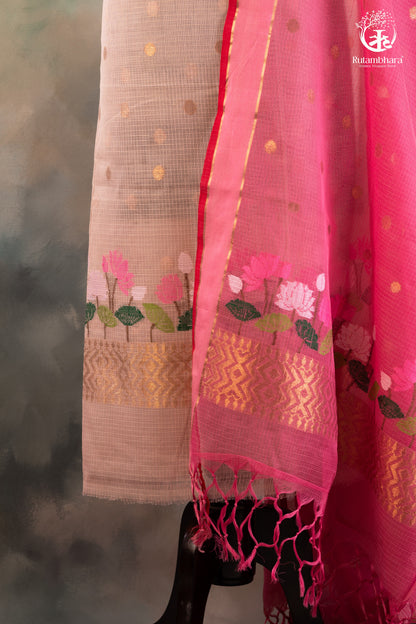 Blush Beige & Rani Pink Zari Kota Doria Suit Set with Floral & Zari Accents-RUTAMBHARA-RUTAMBHARA
