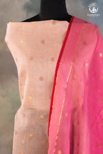Blush Beige & Rani Pink Zari Kota Doria Suit Set with Floral & Zari Accents-RUTAMBHARA-RUTAMBHARA